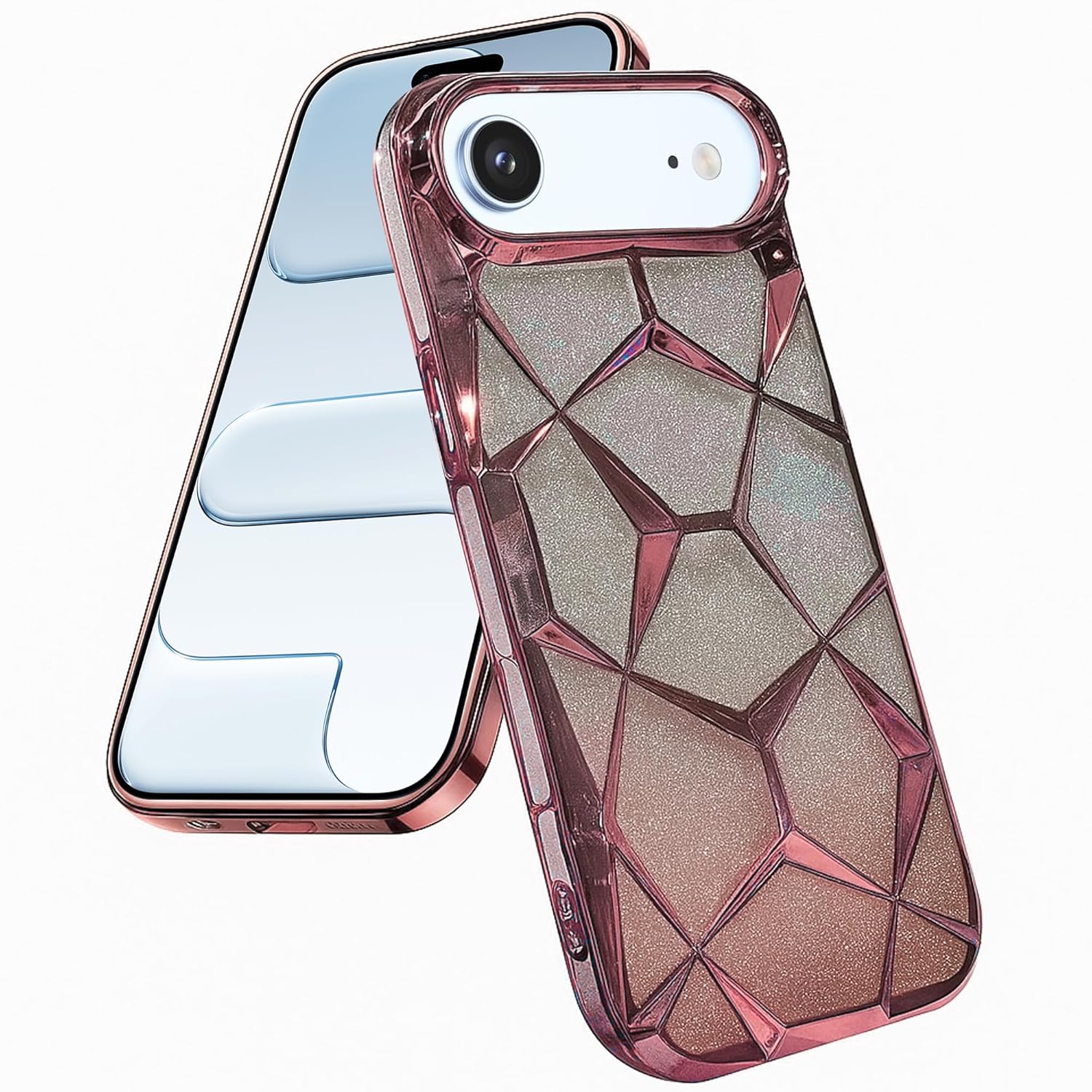 iPhone 17 Air Gradient Glitter Electroplated 3D Cube, Diamond Back Cover - Pink