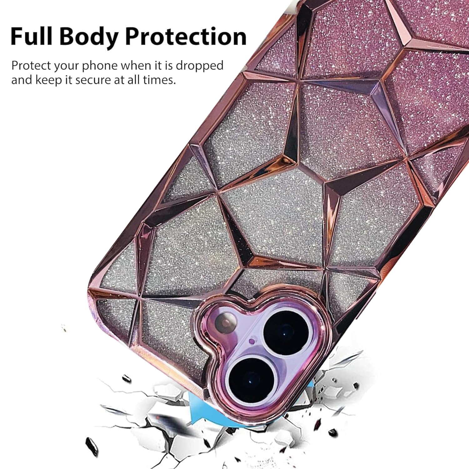 iPhone 17 Gradient Glitter Electroplated 3D Cube, Diamond Back Cover - Pink