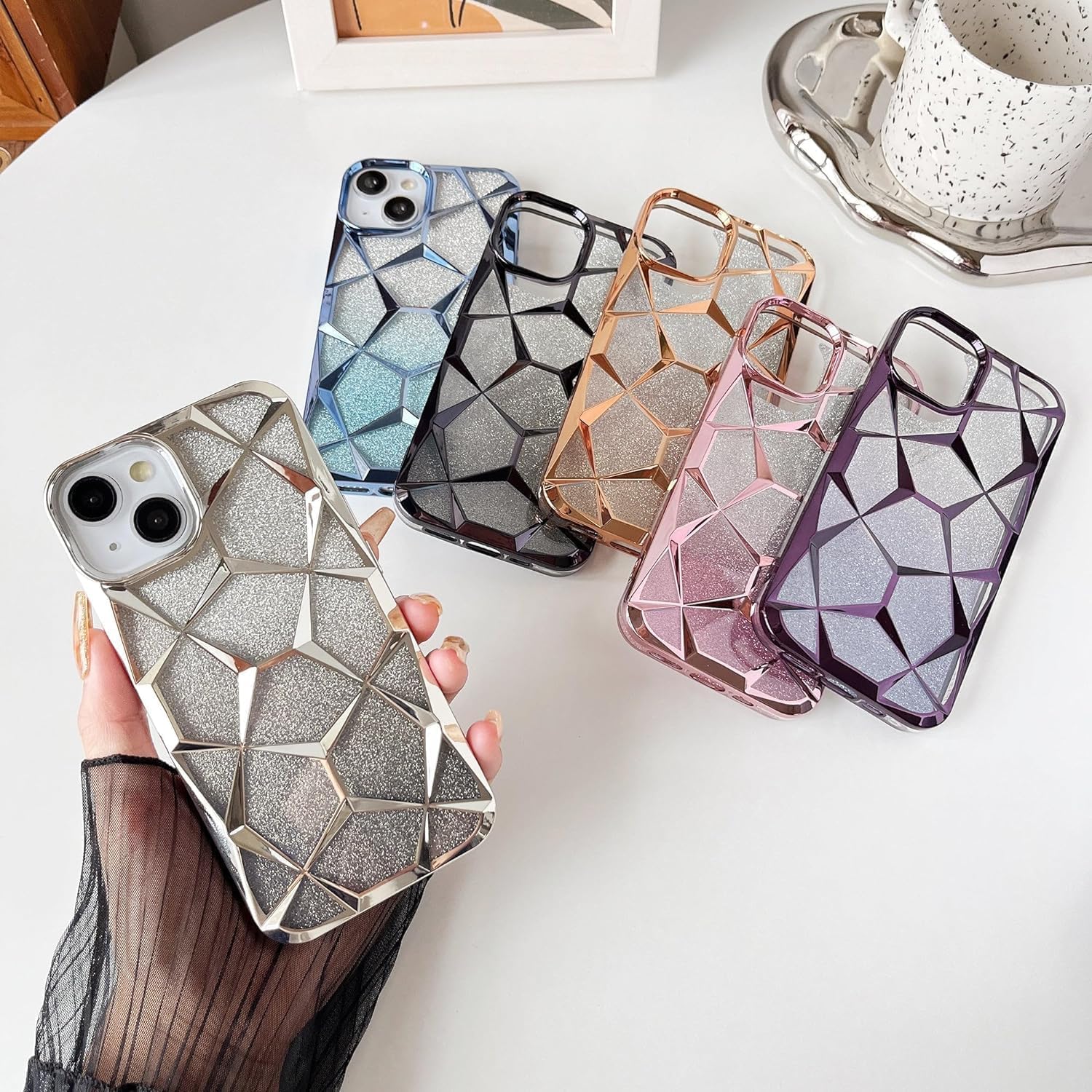 Gradient Glitter Electroplated 3D Cube, Diamond Back Cover - Silver