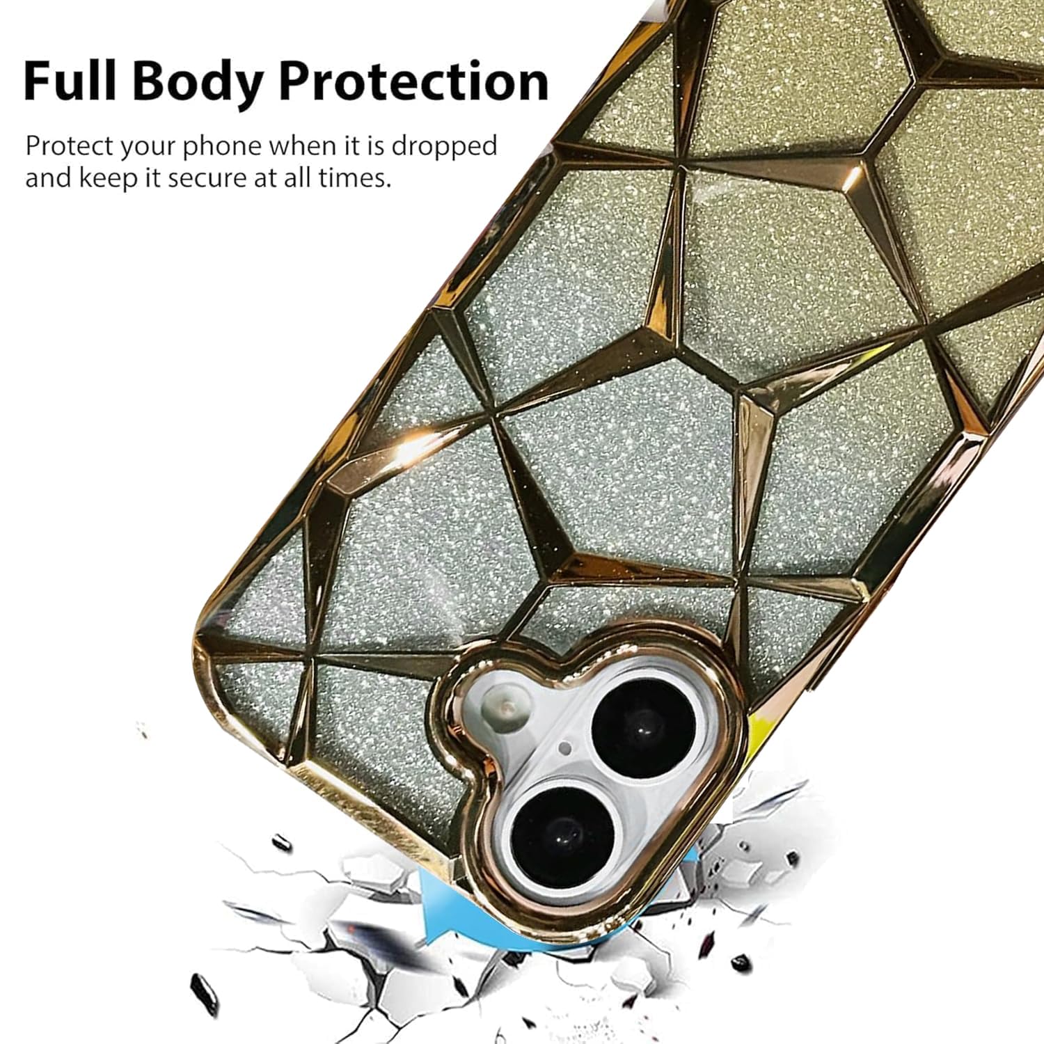 iPhone 17 Gradient Glitter Electroplated 3D Cube, Diamond Back Cover - Gold