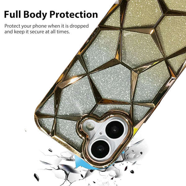 iPhone 17 Gradient Glitter Electroplated 3D Cube, Diamond Back Cover - Gold