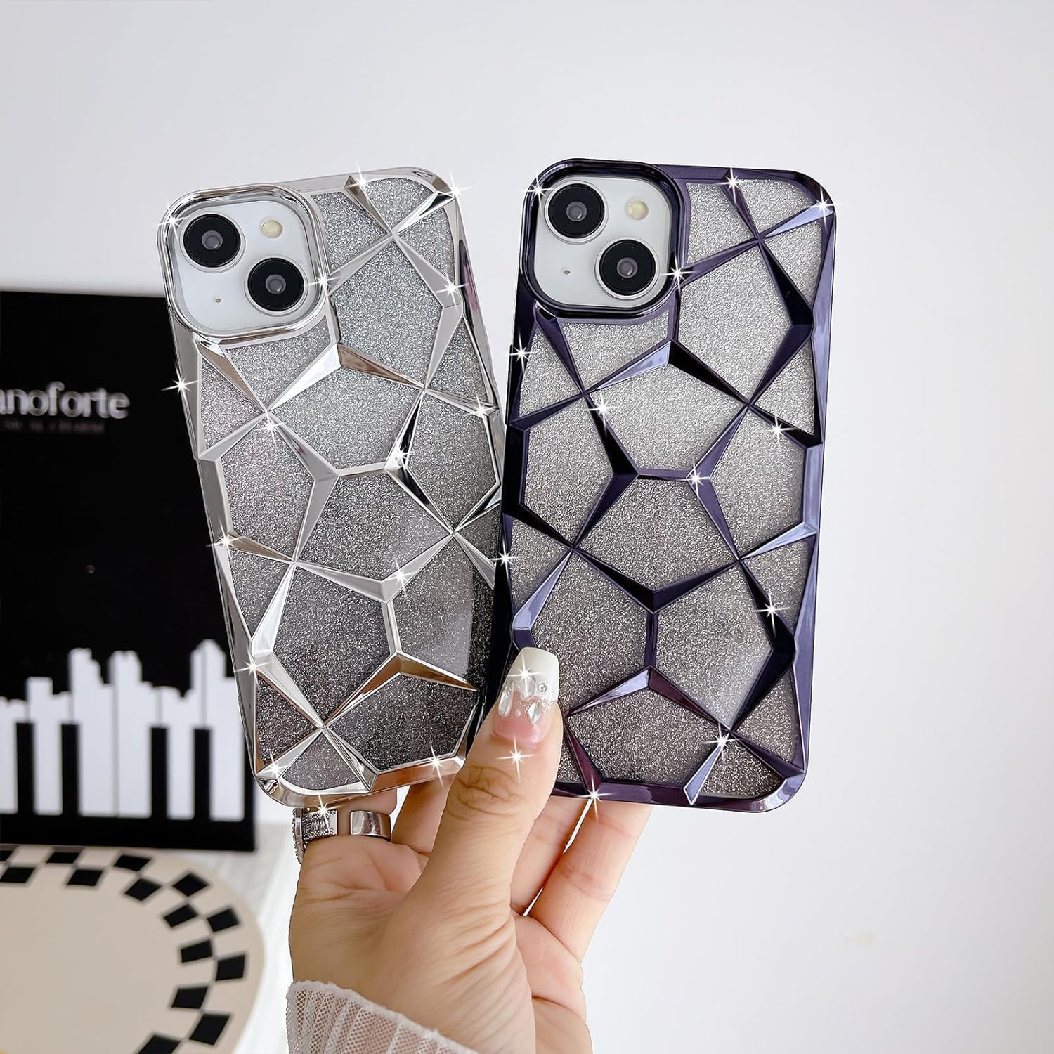 Gradient Glitter Electroplated 3D Cube, Diamond Back Cover - Black