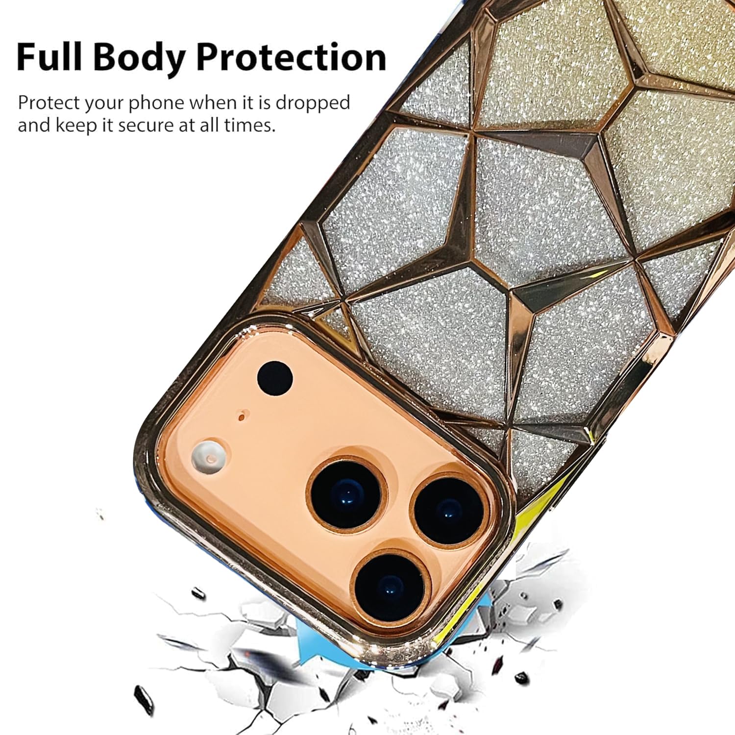 Gradient Glitter Electroplated 3D Cube, Diamond Back Cover - Gold