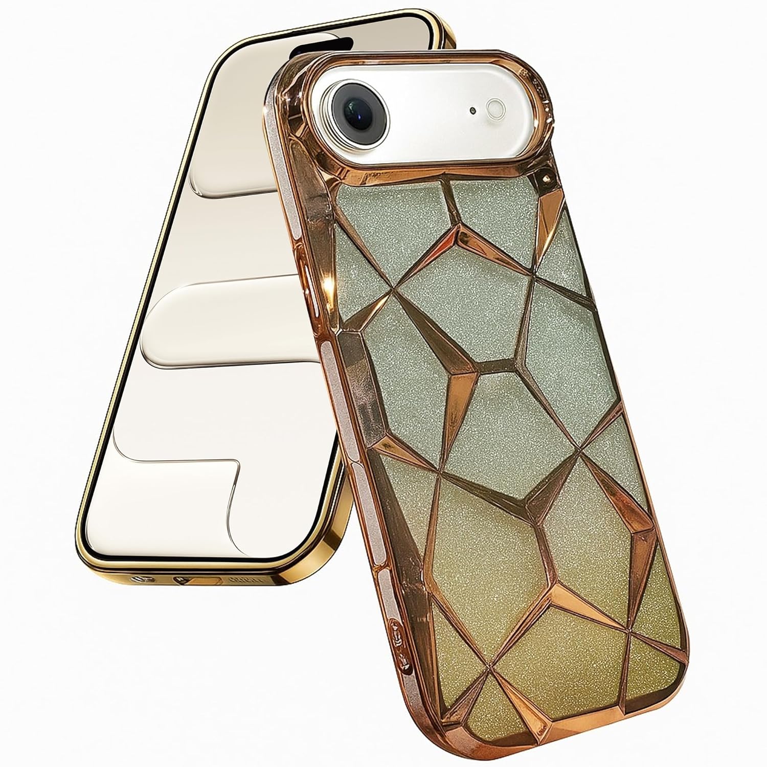 iPhone 17 Air Gradient Glitter Electroplated 3D Cube, Diamond Back Cover - Gold
