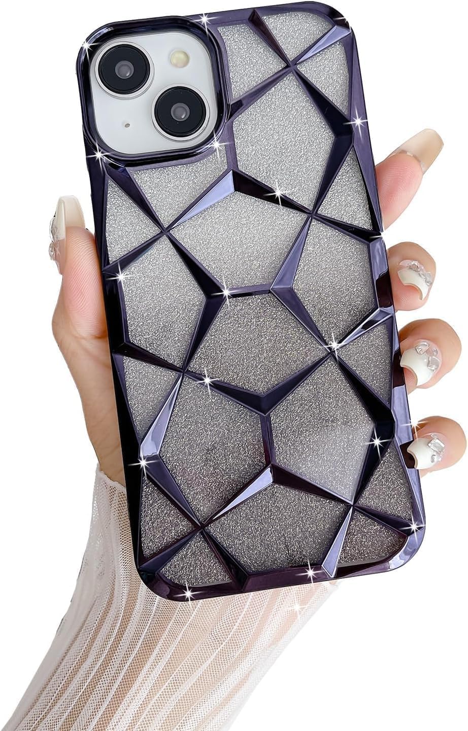 Gradient Glitter Electroplated 3D Cube, Diamond Back Cover - Black