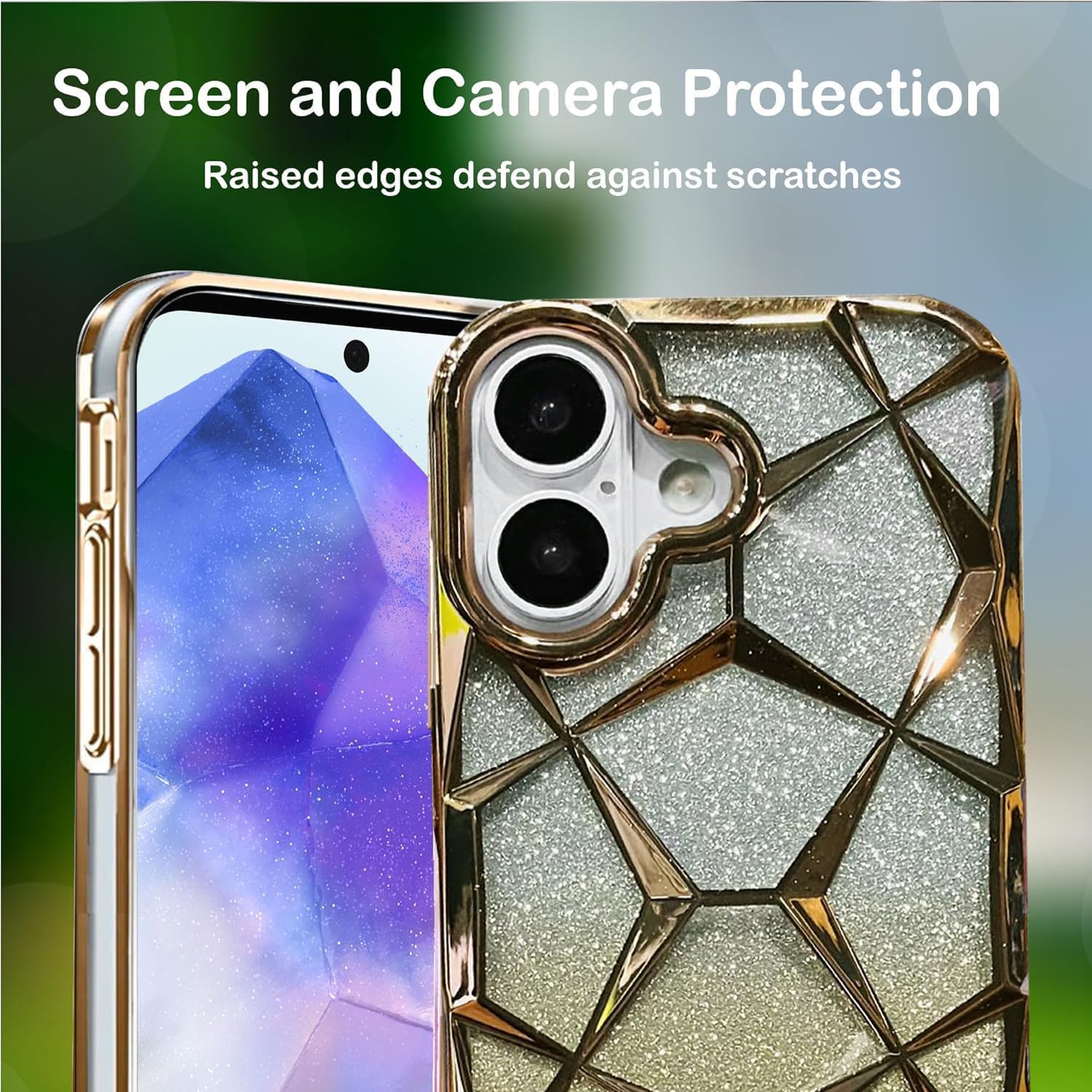 iPhone 17 Gradient Glitter Electroplated 3D Cube, Diamond Back Cover - Gold