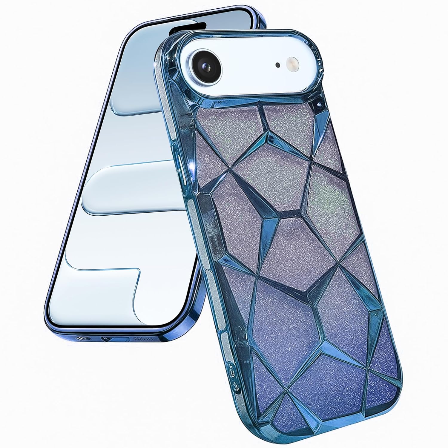 iPhone 17 Air Gradient Glitter Electroplated 3D Cube, Diamond Back Cover - Blue