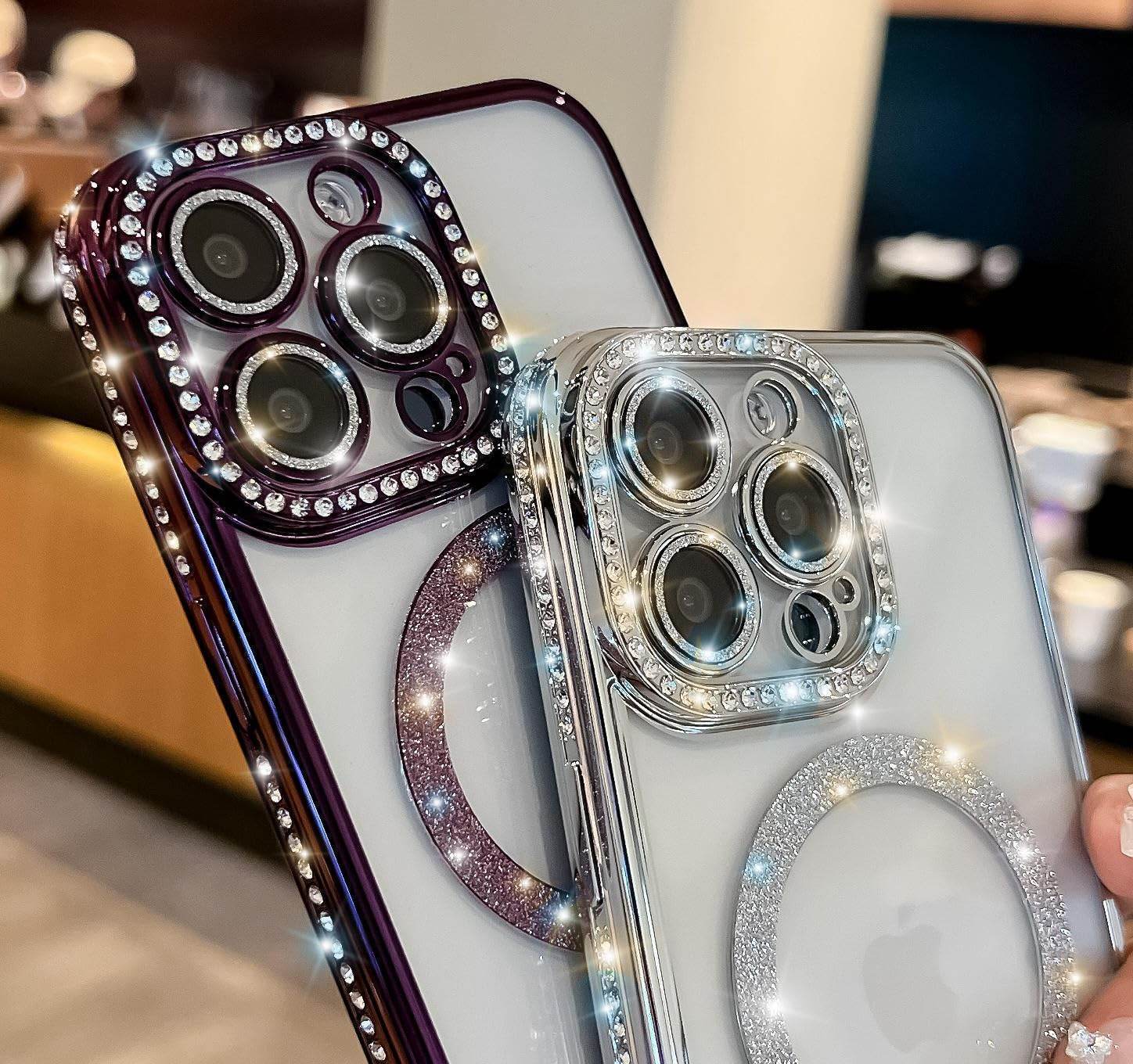 iPhone 16 Glitter Transparent Diamond Wireless Charging Magnetic MagSafe Case - Silver - Guleel