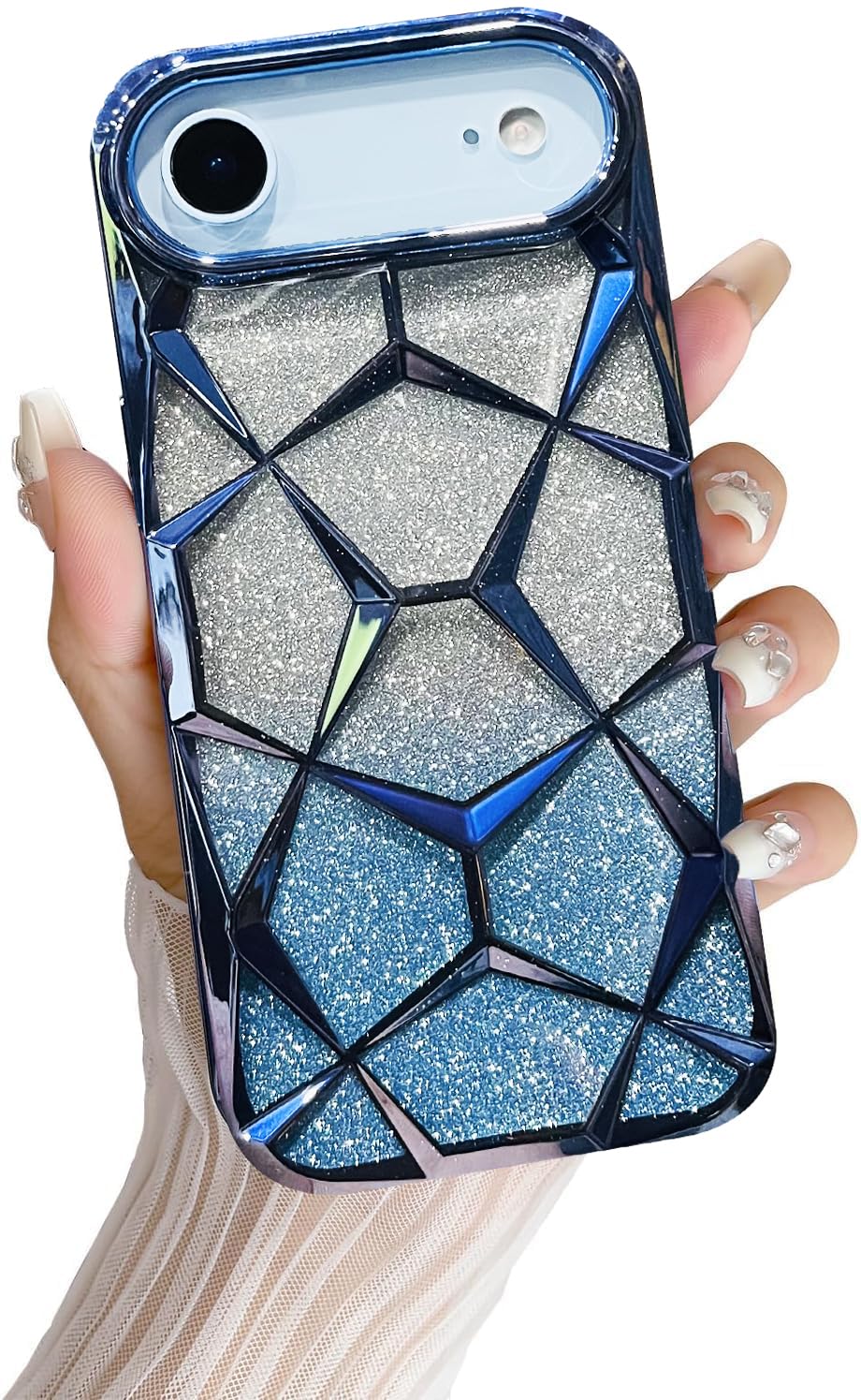 iPhone 17 Air Gradient Glitter Electroplated 3D Cube, Diamond Back Cover - Blue