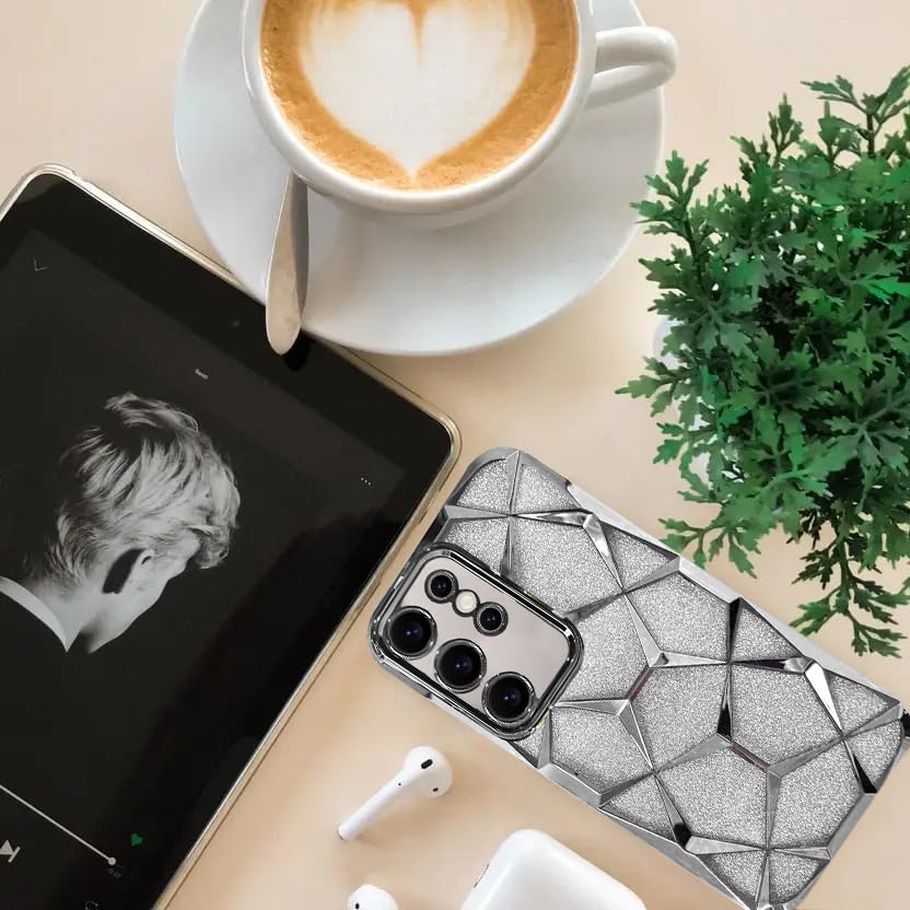 Gradient Glitter Electroplated 3D Cube, Diamond Back Cover - Silver