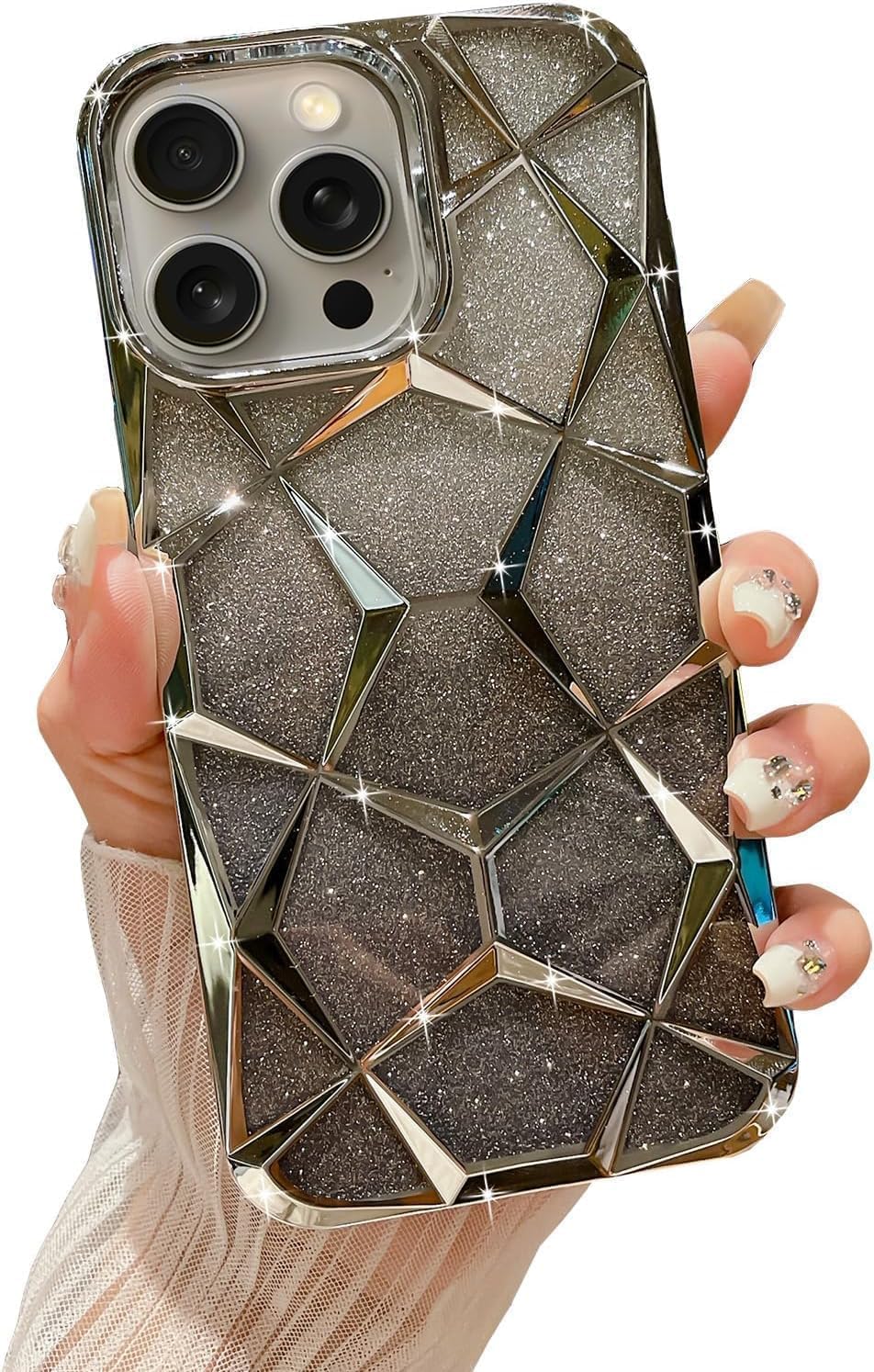 Gradient Glitter Electroplated 3D Cube, Diamond Back Cover - Silver