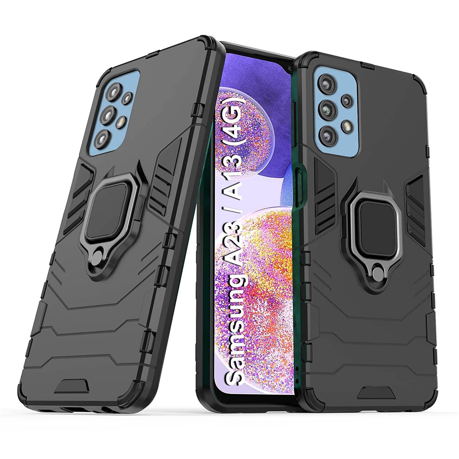 Samsung Galaxy A23 4G Tough Armor Ring Holder & Kickstand in-Built 360 Degree Protection Back Case - Black - Guleel