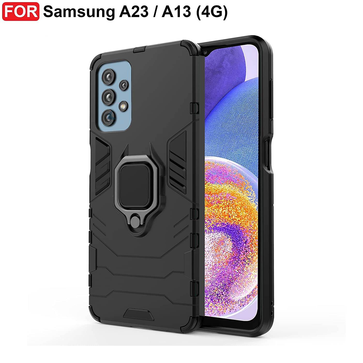 Samsung Galaxy A13 4G Tough Armor Ring Holder & Kickstand in-Built 360 Degree Protection Back Case - Black - Guleel
