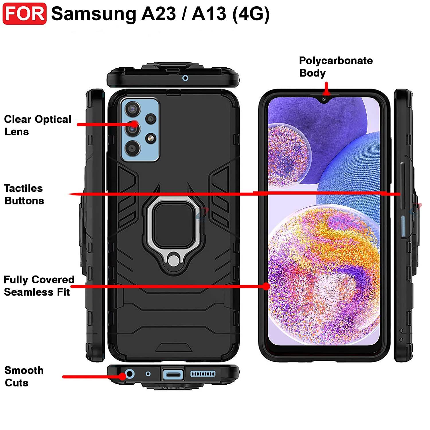 Samsung Galaxy A23 4G Tough Armor Ring Holder & Kickstand in-Built 360 Degree Protection Back Case - Black - Guleel