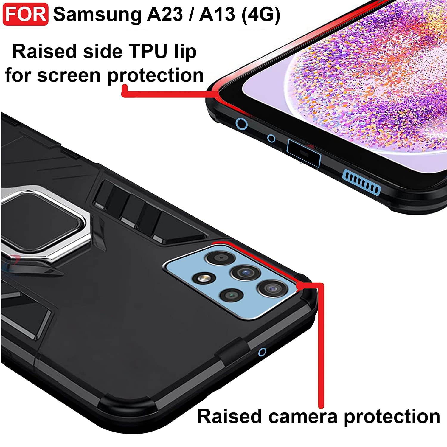 Samsung Galaxy A23 4G Tough Armor Ring Holder & Kickstand in-Built 360 Degree Protection Back Case - Black - Guleel