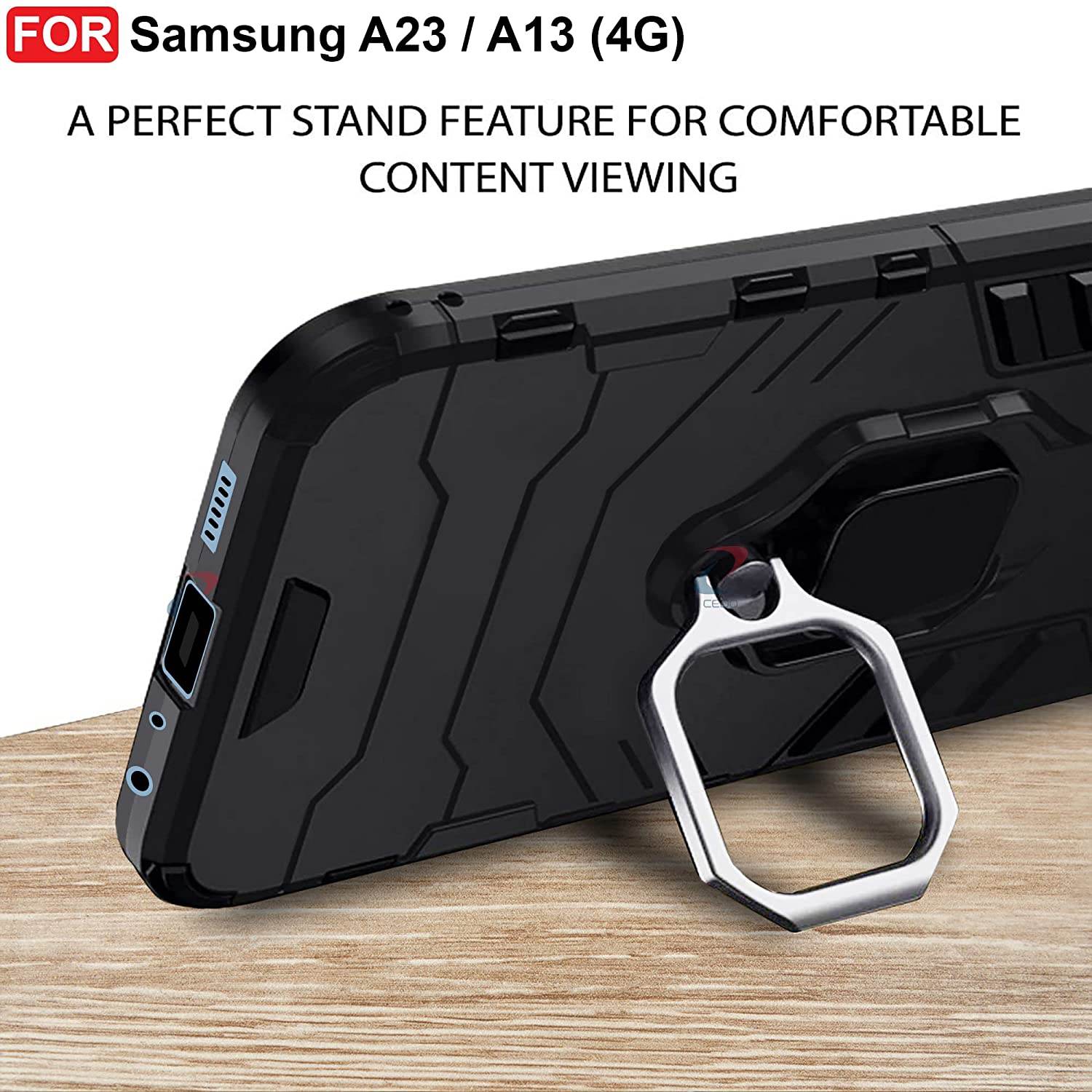 Samsung Galaxy A23 4G Tough Armor Ring Holder & Kickstand in-Built 360 Degree Protection Back Case - Black - Guleel