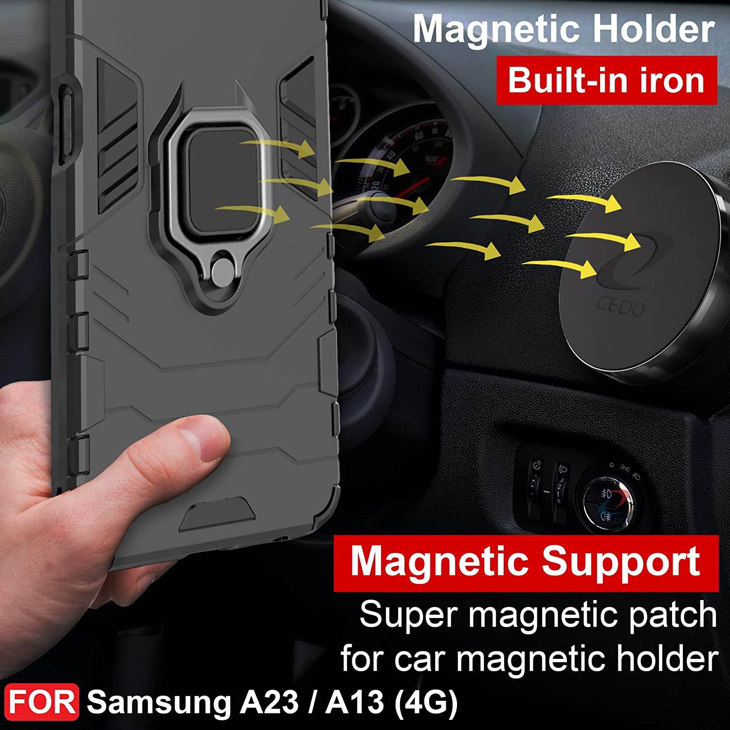 Samsung Galaxy A13 4G Tough Armor Ring Holder & Kickstand in-Built 360 Degree Protection Back Case - Black - Guleel