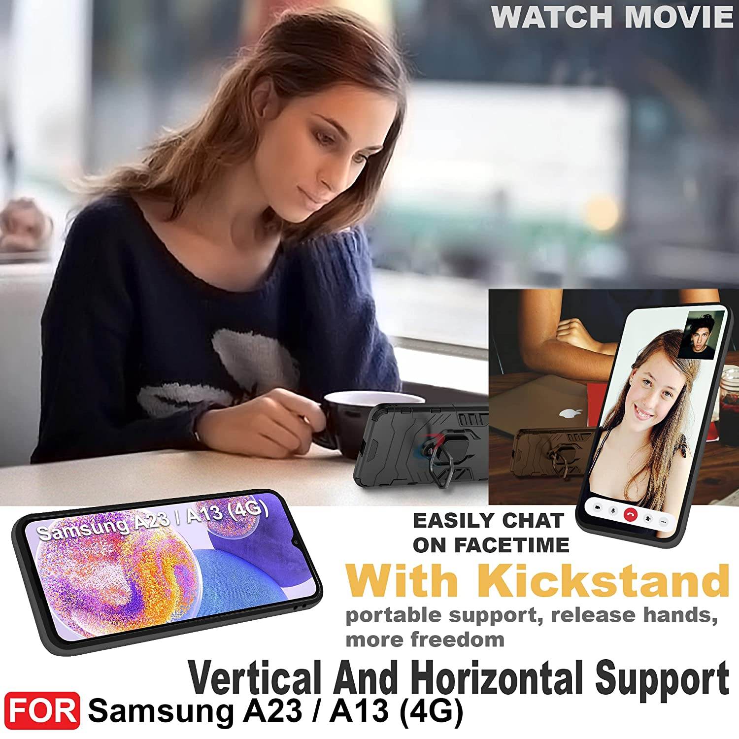 Samsung Galaxy A13 4G Tough Armor Ring Holder & Kickstand in-Built 360 Degree Protection Back Case - Black - Guleel