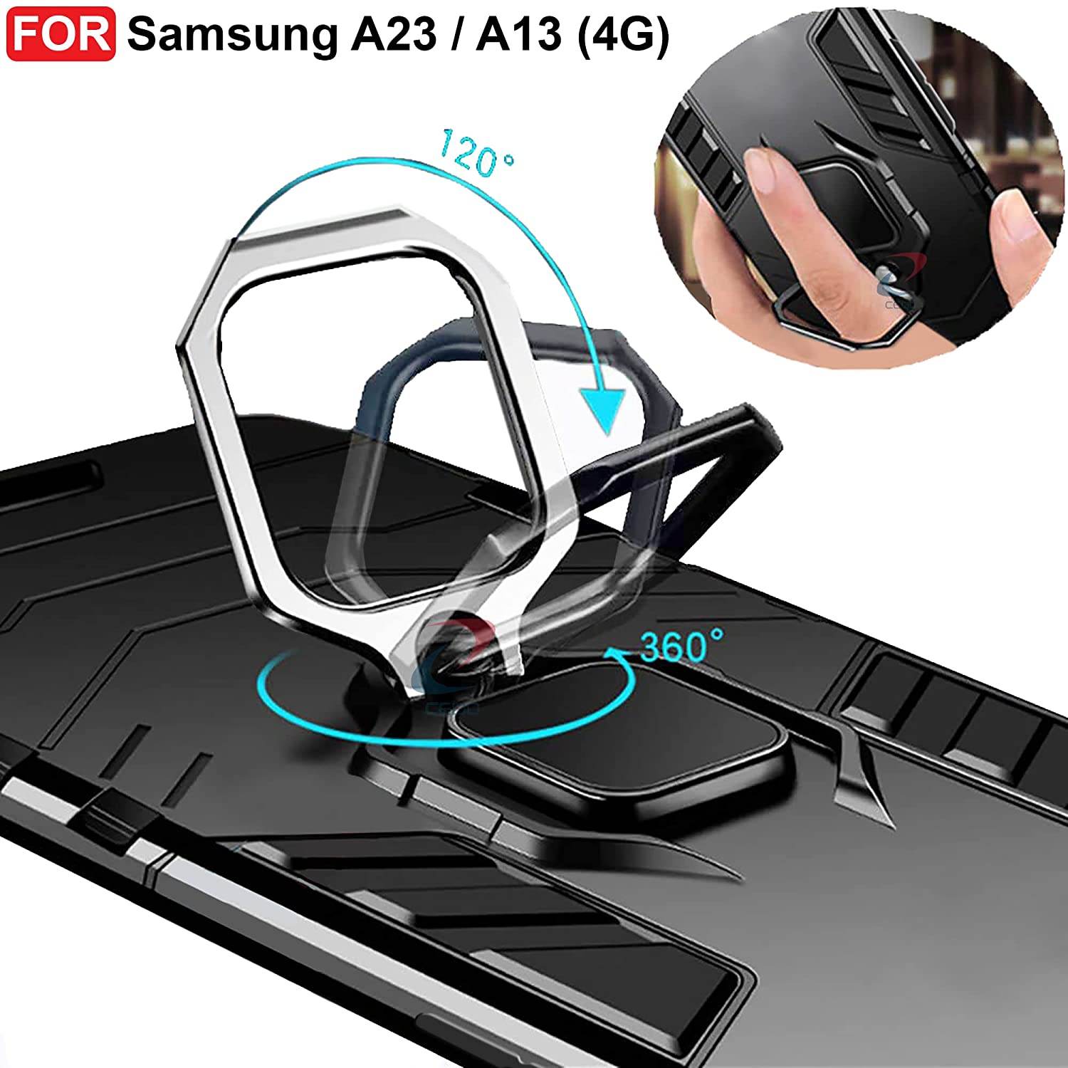 Samsung Galaxy A23 4G Tough Armor Ring Holder & Kickstand in-Built 360 Degree Protection Back Case - Black - Guleel