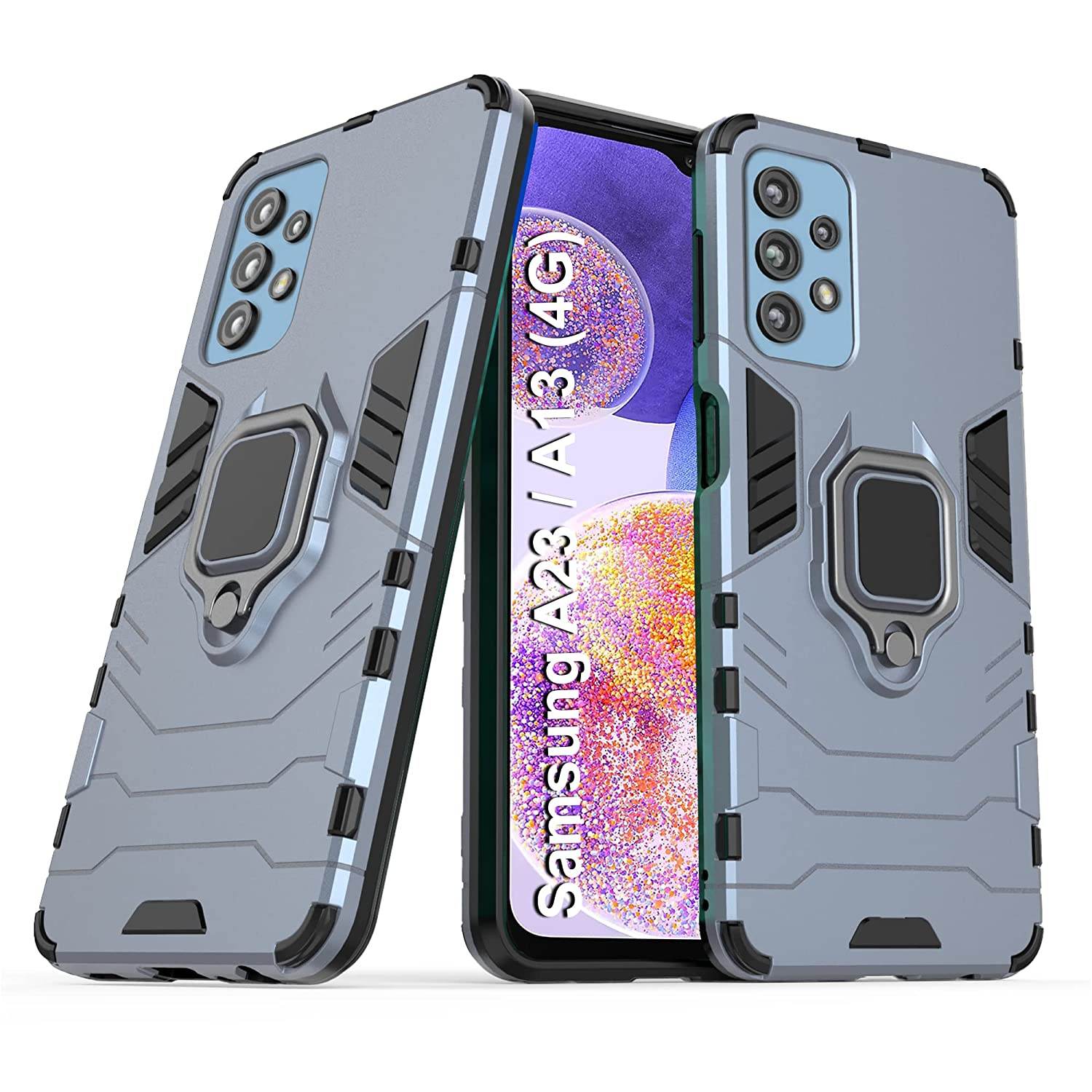 Samsung Galaxy A23 4G Tough Armor Ring Holder & Kickstand in-Built 360 Degree Protection Back Case - Blue - Guleel