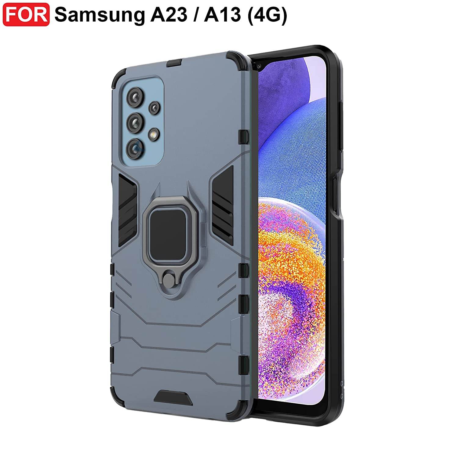 Samsung Galaxy A23 4G Tough Armor Ring Holder & Kickstand in-Built 360 Degree Protection Back Case - Blue - Guleel