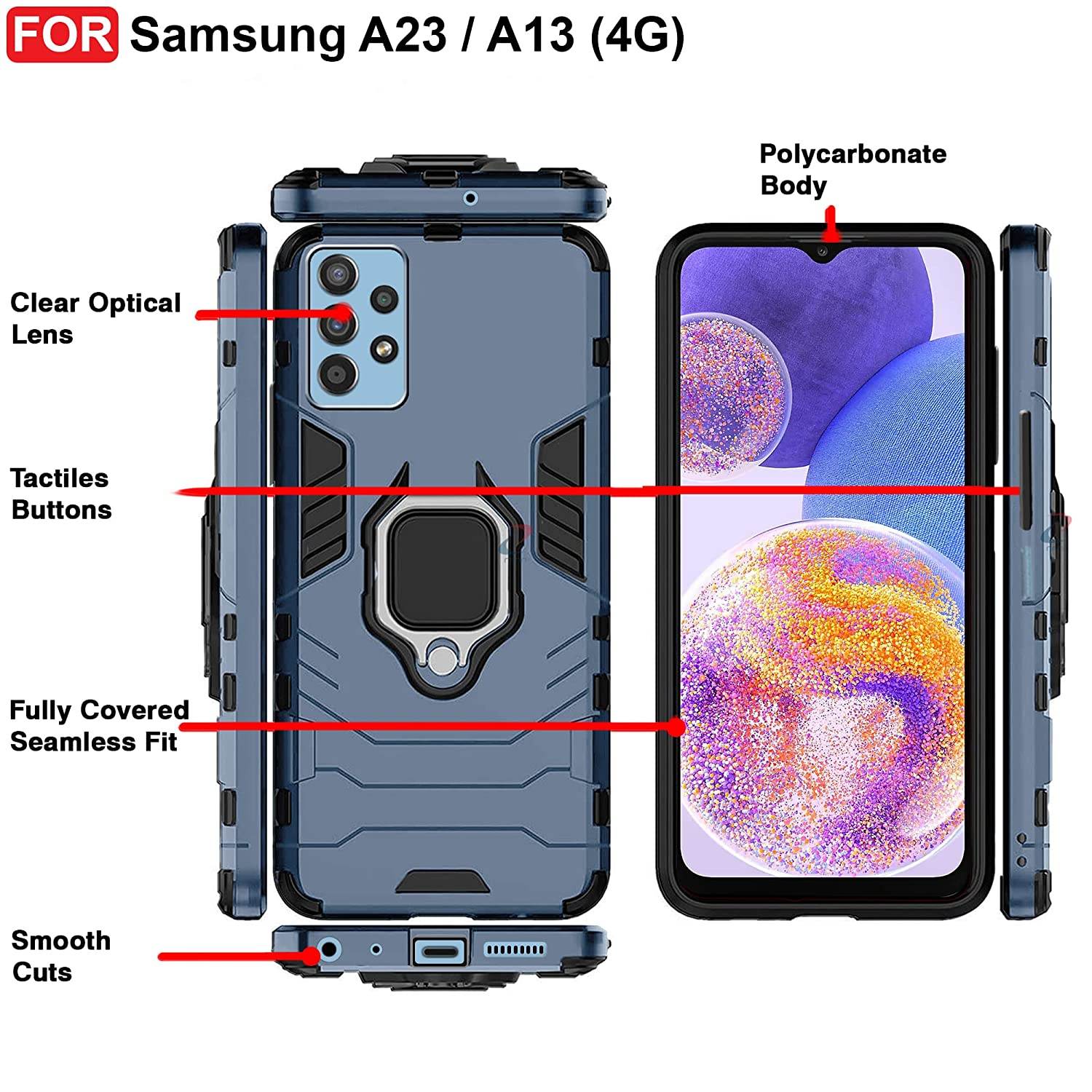 Samsung Galaxy A23 4G Tough Armor Ring Holder & Kickstand in-Built 360 Degree Protection Back Case - Blue - Guleel