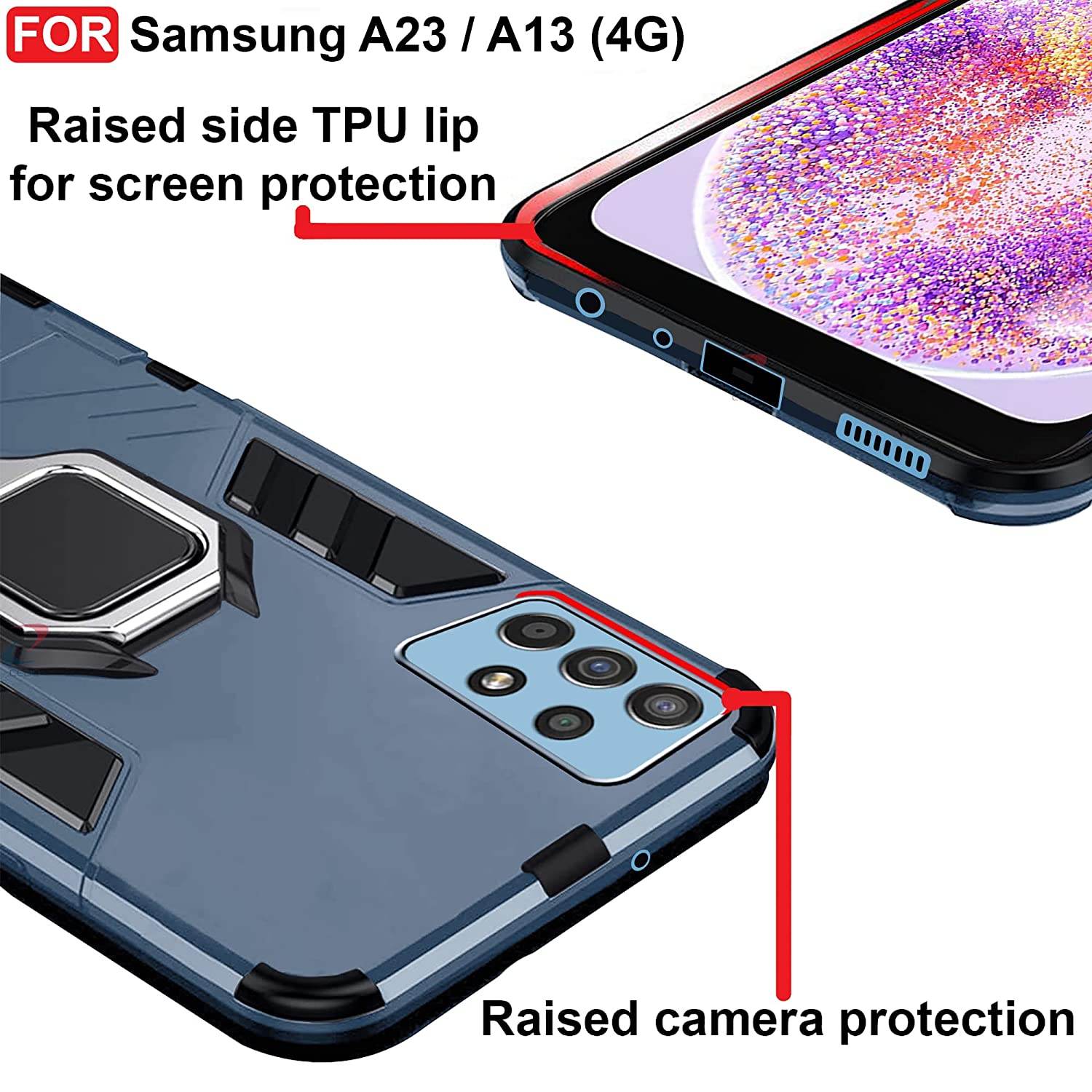 Samsung Galaxy A23 4G Tough Armor Ring Holder & Kickstand in-Built 360 Degree Protection Back Case - Blue - Guleel