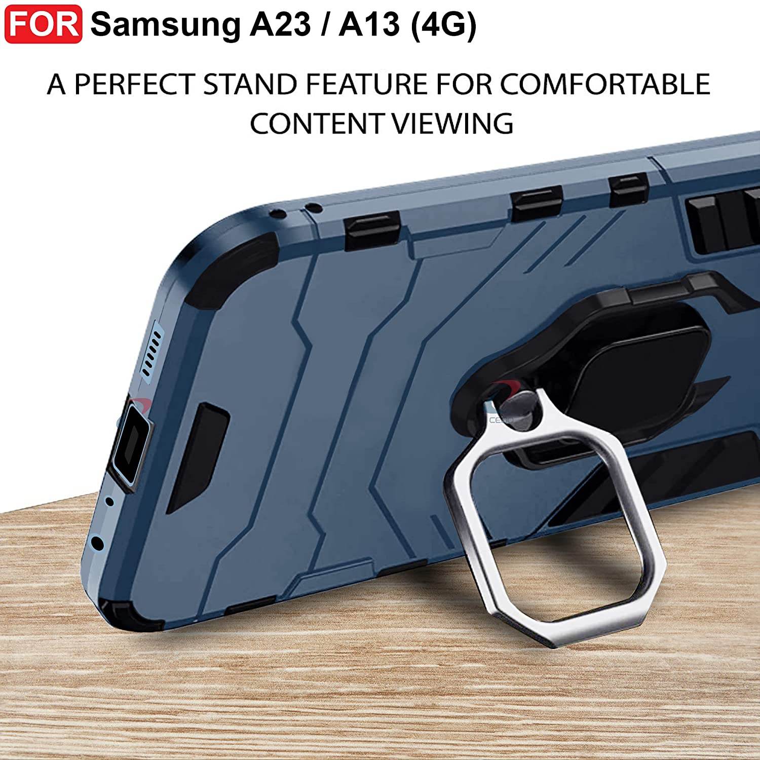 Samsung Galaxy A13 4G Tough Armor Ring Holder & Kickstand in-Built 360 Degree Protection Back Case - Blue - Guleel