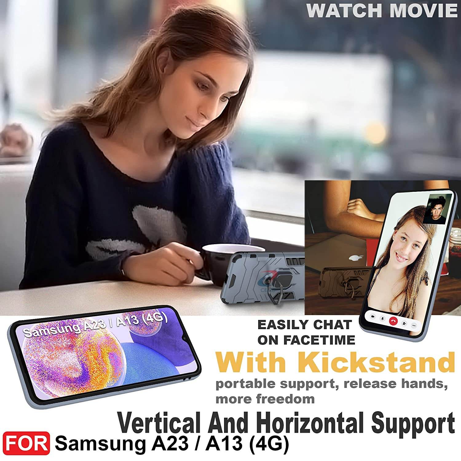 Samsung Galaxy A13 4G Tough Armor Ring Holder & Kickstand in-Built 360 Degree Protection Back Case - Blue - Guleel