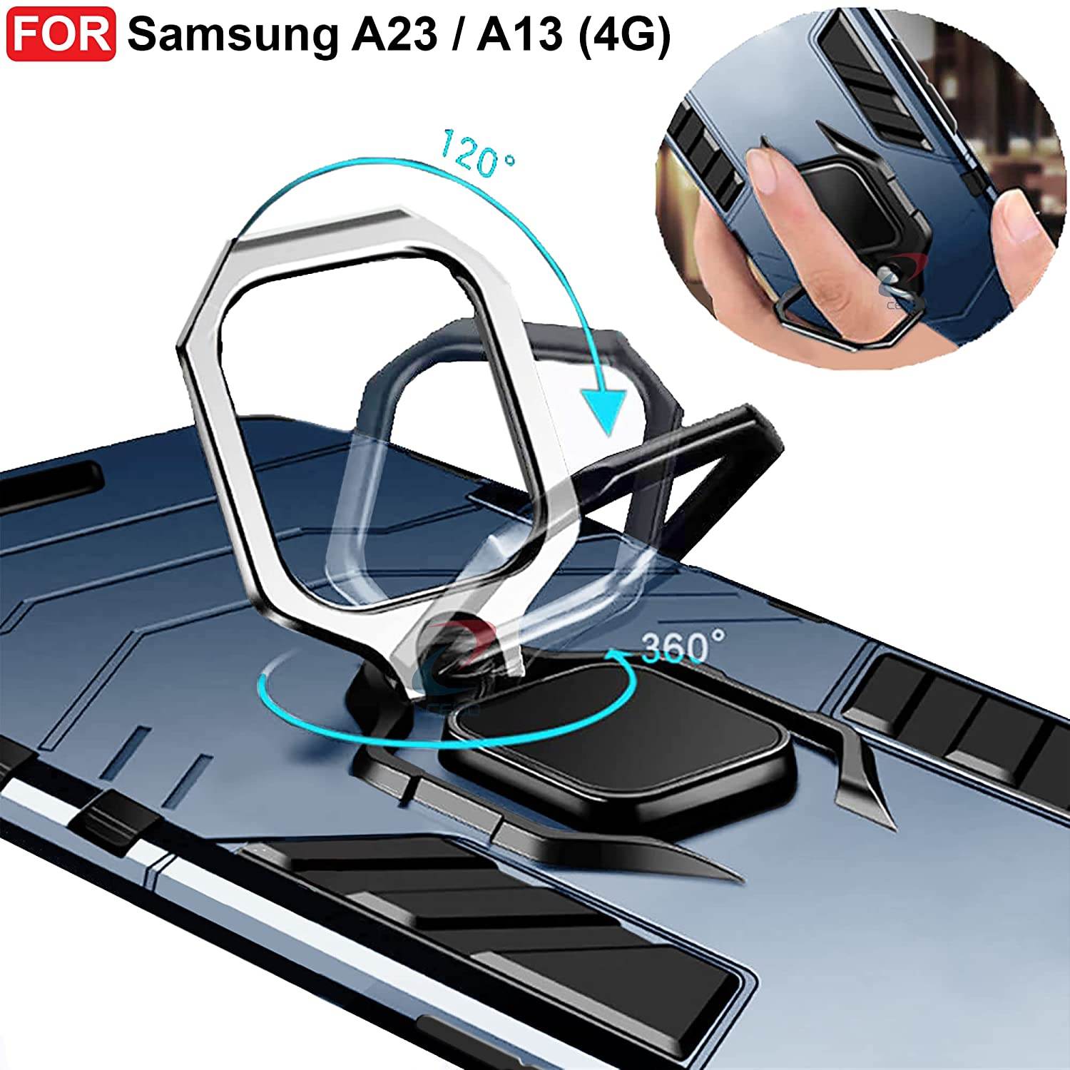 Samsung Galaxy A23 4G Tough Armor Ring Holder & Kickstand in-Built 360 Degree Protection Back Case - Blue - Guleel