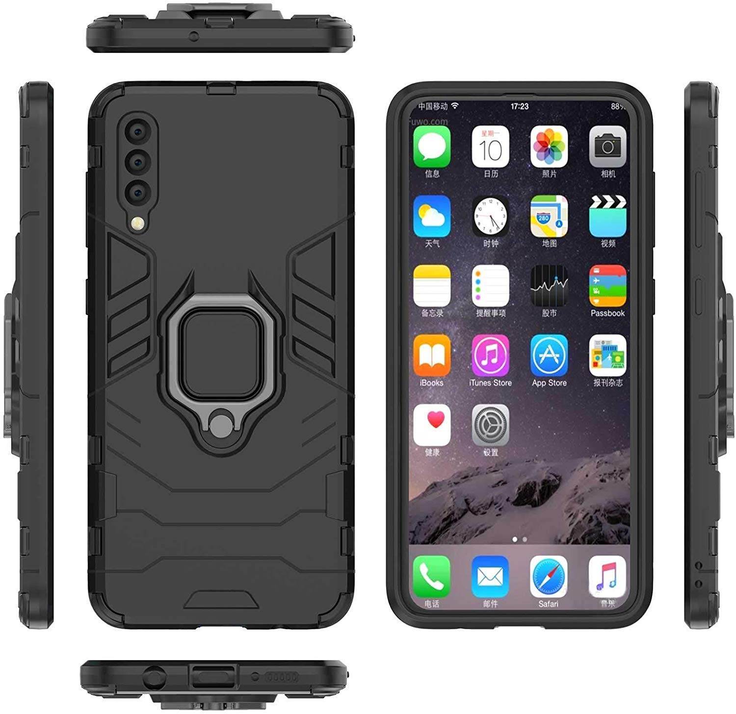 Samsung Galaxy A50s / A50 / A30s Tough Armor Ring Holder & Kickstand in-Built 360 Degree Protection Back Case - Black - Guleel