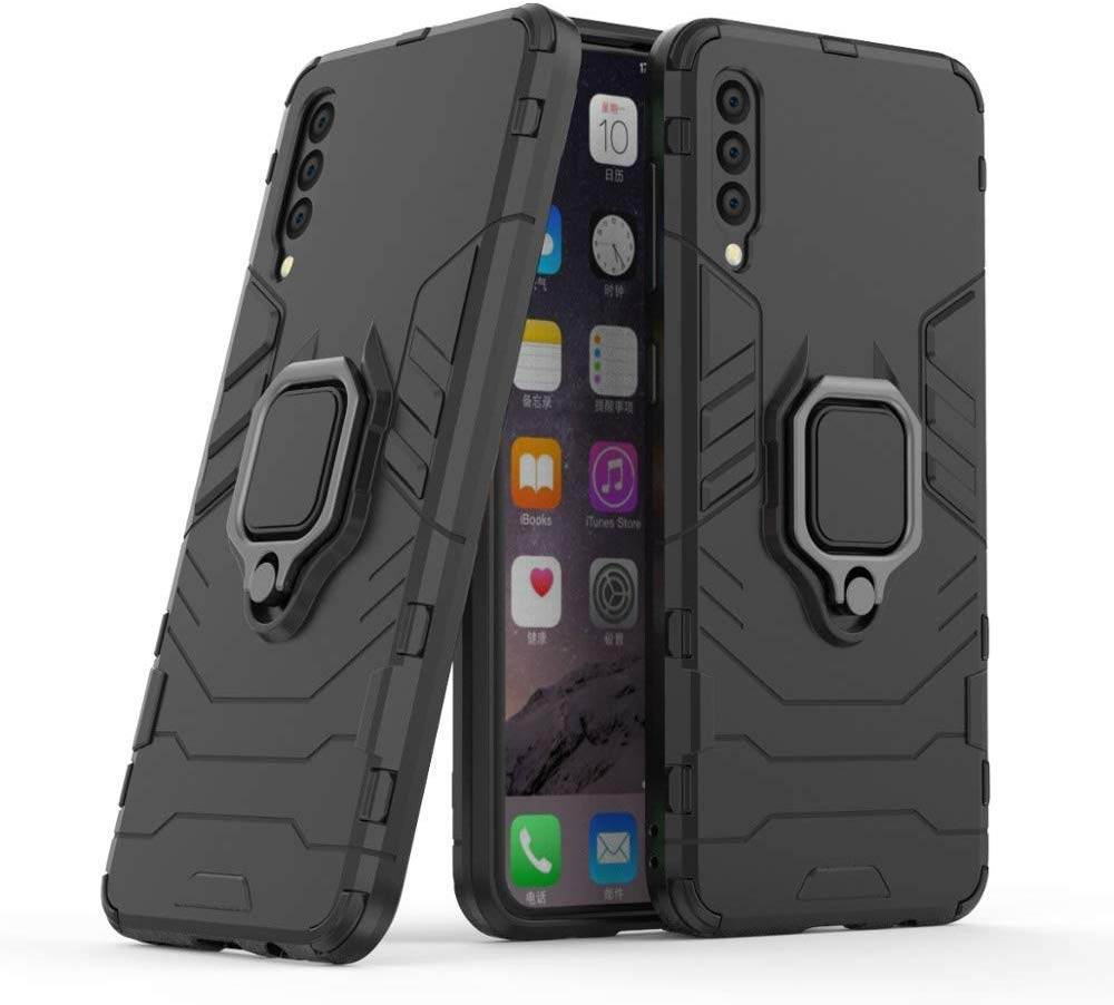 Samsung Galaxy A50s / A50 / A30s Tough Armor Ring Holder & Kickstand in-Built 360 Degree Protection Back Case - Black - Guleel