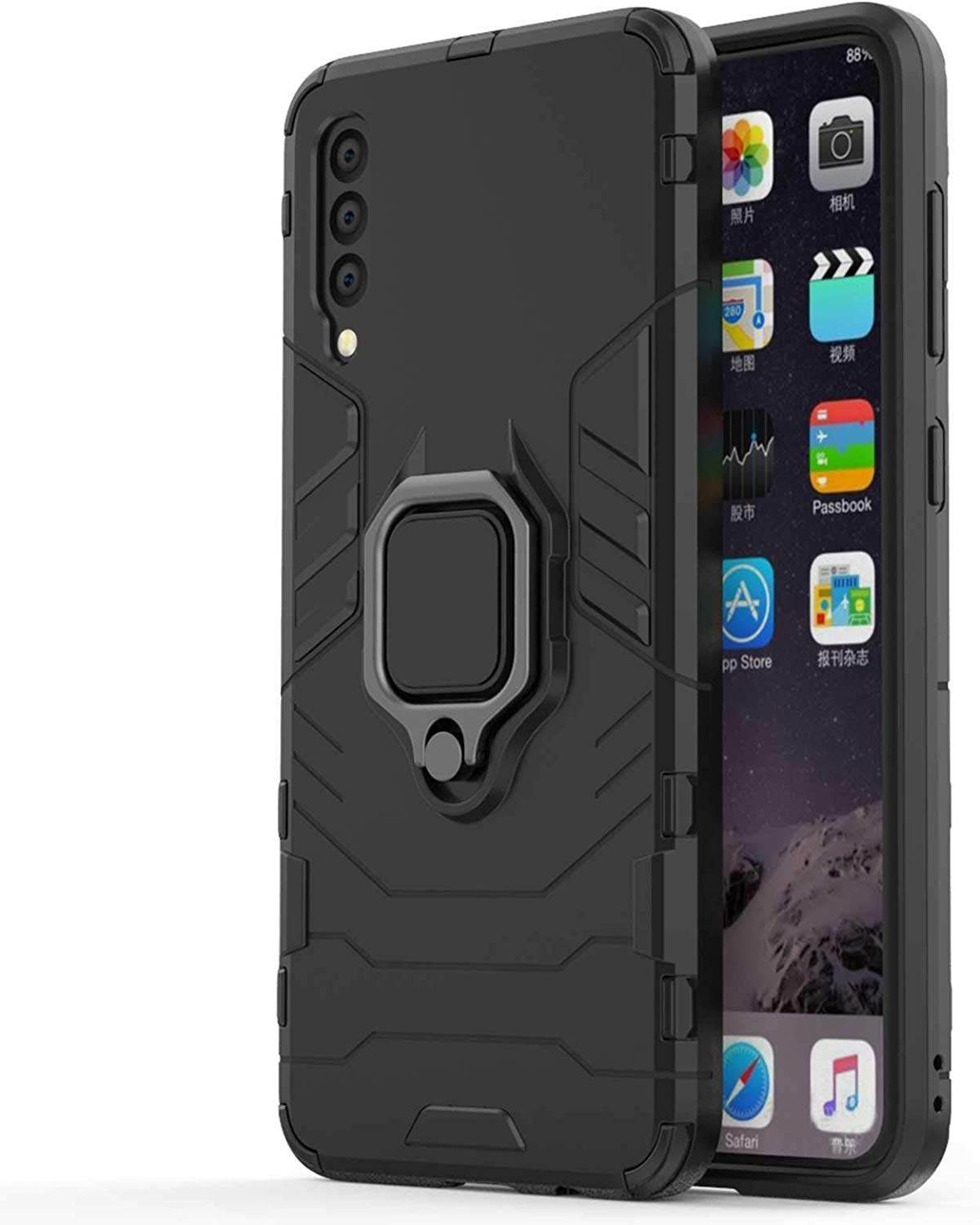 Samsung Galaxy A50s / A50 / A30s Tough Armor Ring Holder & Kickstand in-Built 360 Degree Protection Back Case - Black - Guleel