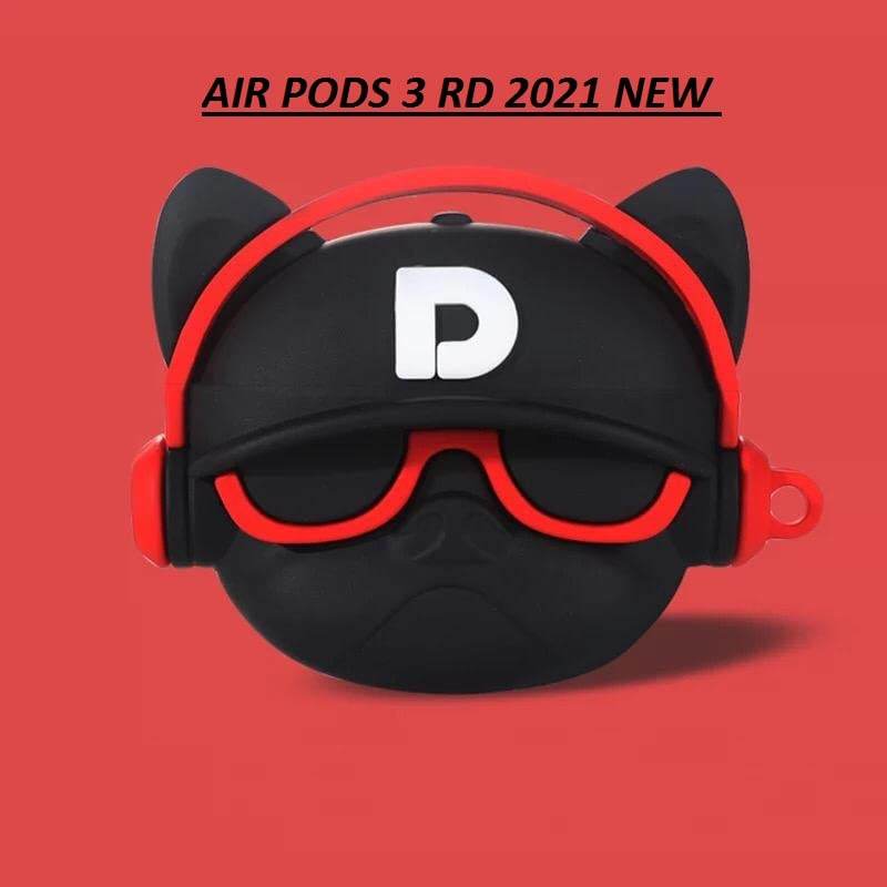 Airpod's 3 Cute Hip Hop Bulldog Cartoon Silicone Case - Red - Guleel