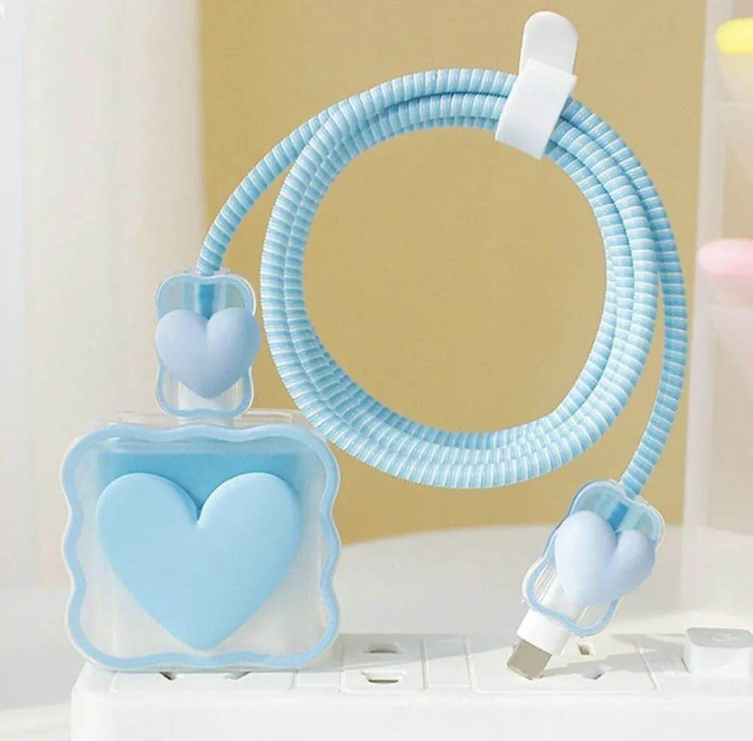 Silicone Cartoon iPhone 3D Heart Charger Case Cover for 18-20W Chargers - Blue (with Wire Cover) - Guleel