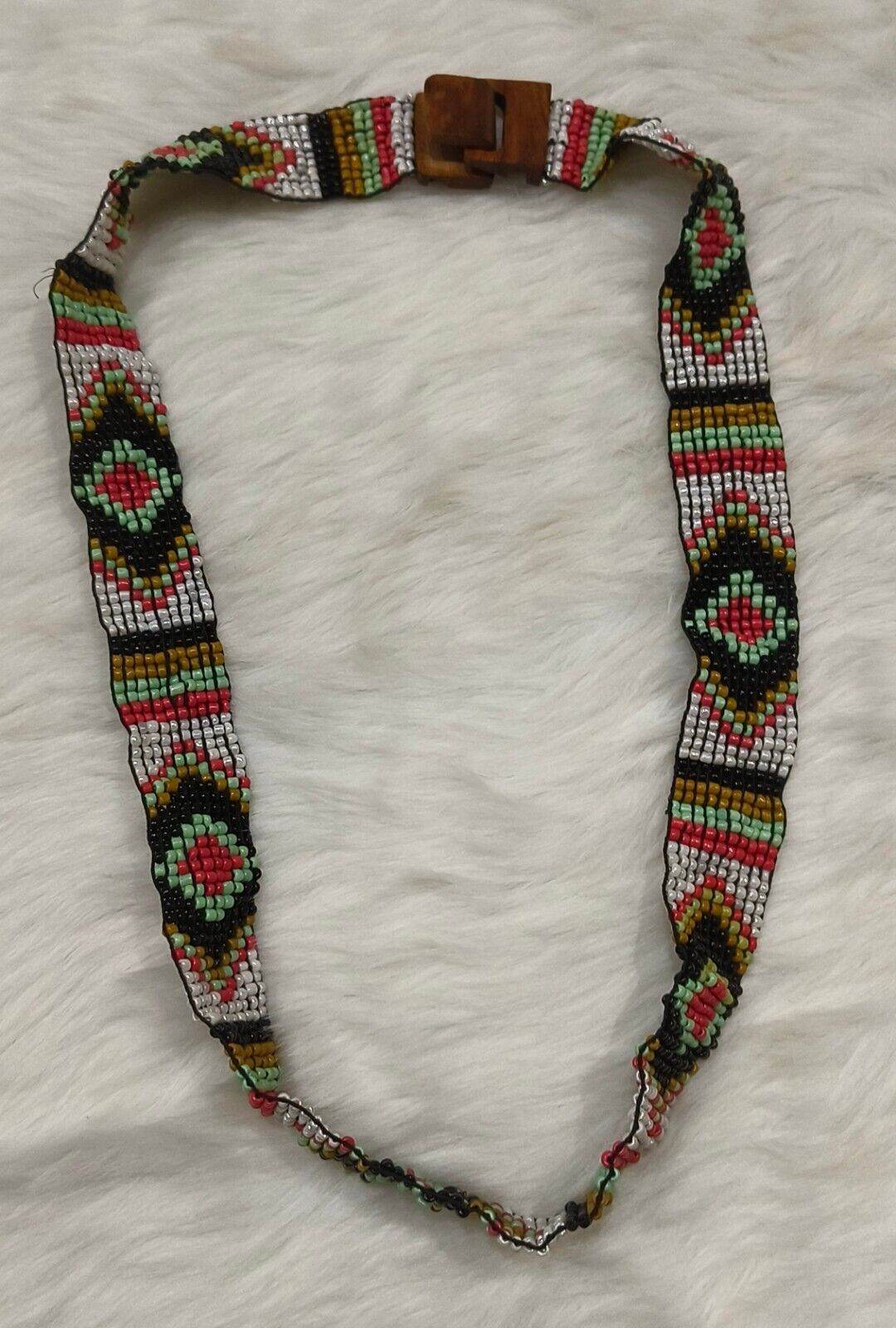 Handmade Stretchable Seed Beaded Belt with Wood Buckle Clasp - MultiColor - Guleel