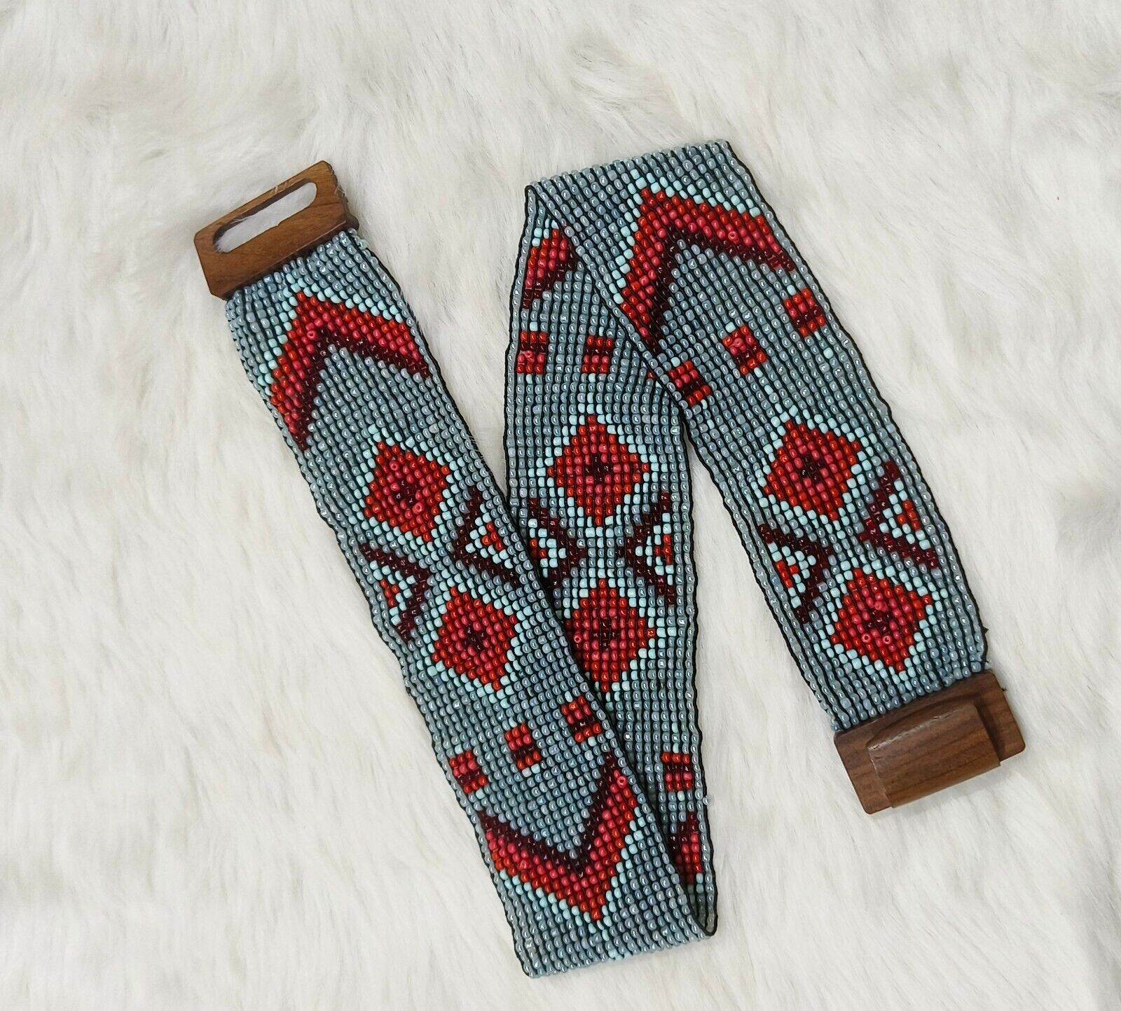 Handmade Stretchable Seed Beaded Belt with Wood Buckle Clasp - Blue and Red - Guleel