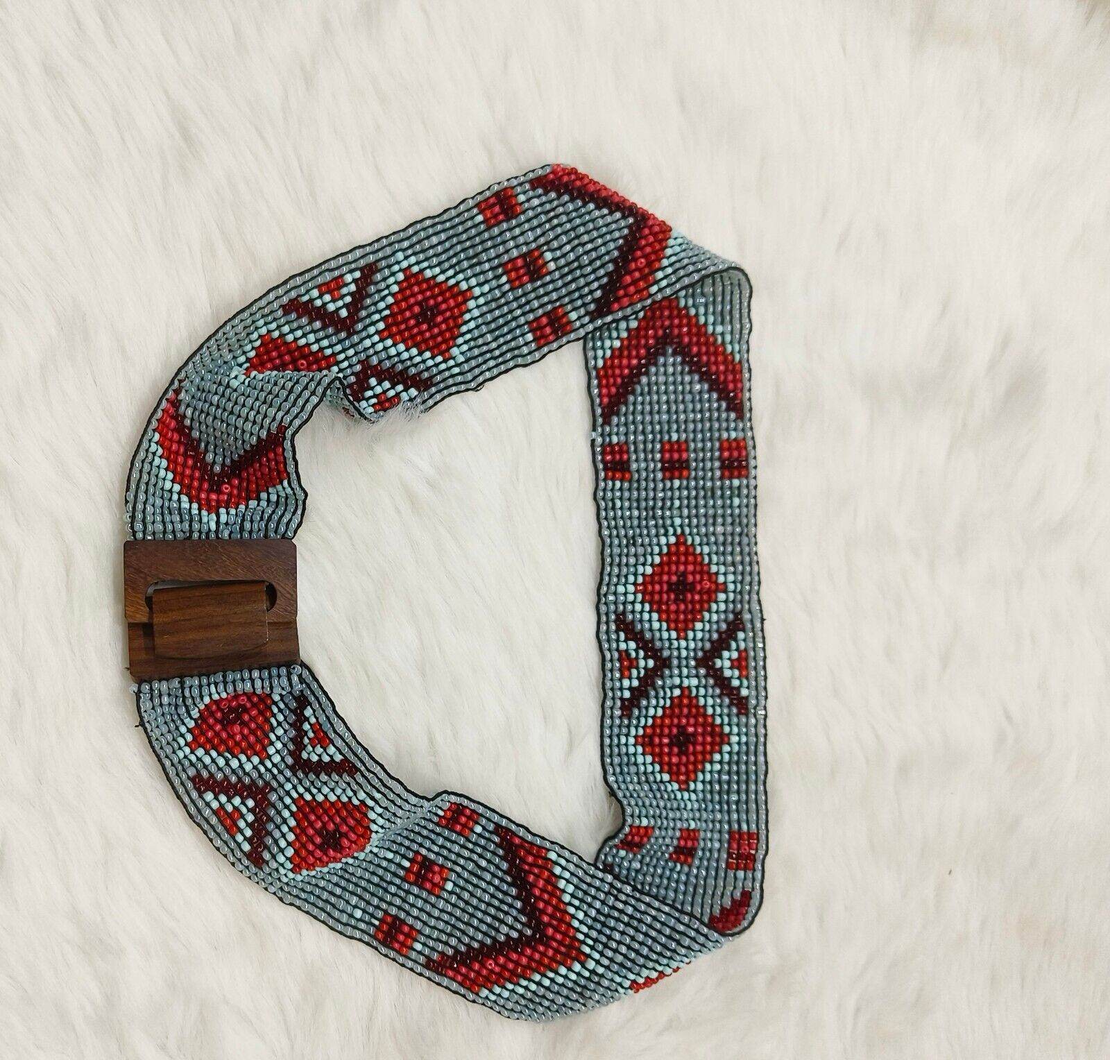 Handmade Stretchable Seed Beaded Belt with Wood Buckle Clasp - Blue and Red - Guleel