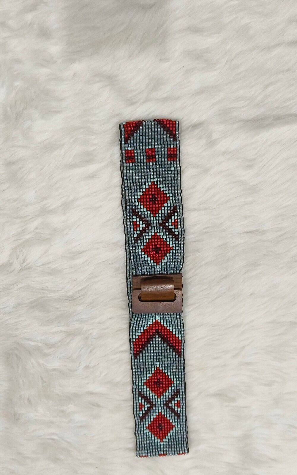 Handmade Stretchable Seed Beaded Belt with Wood Buckle Clasp - Blue and Red - Guleel
