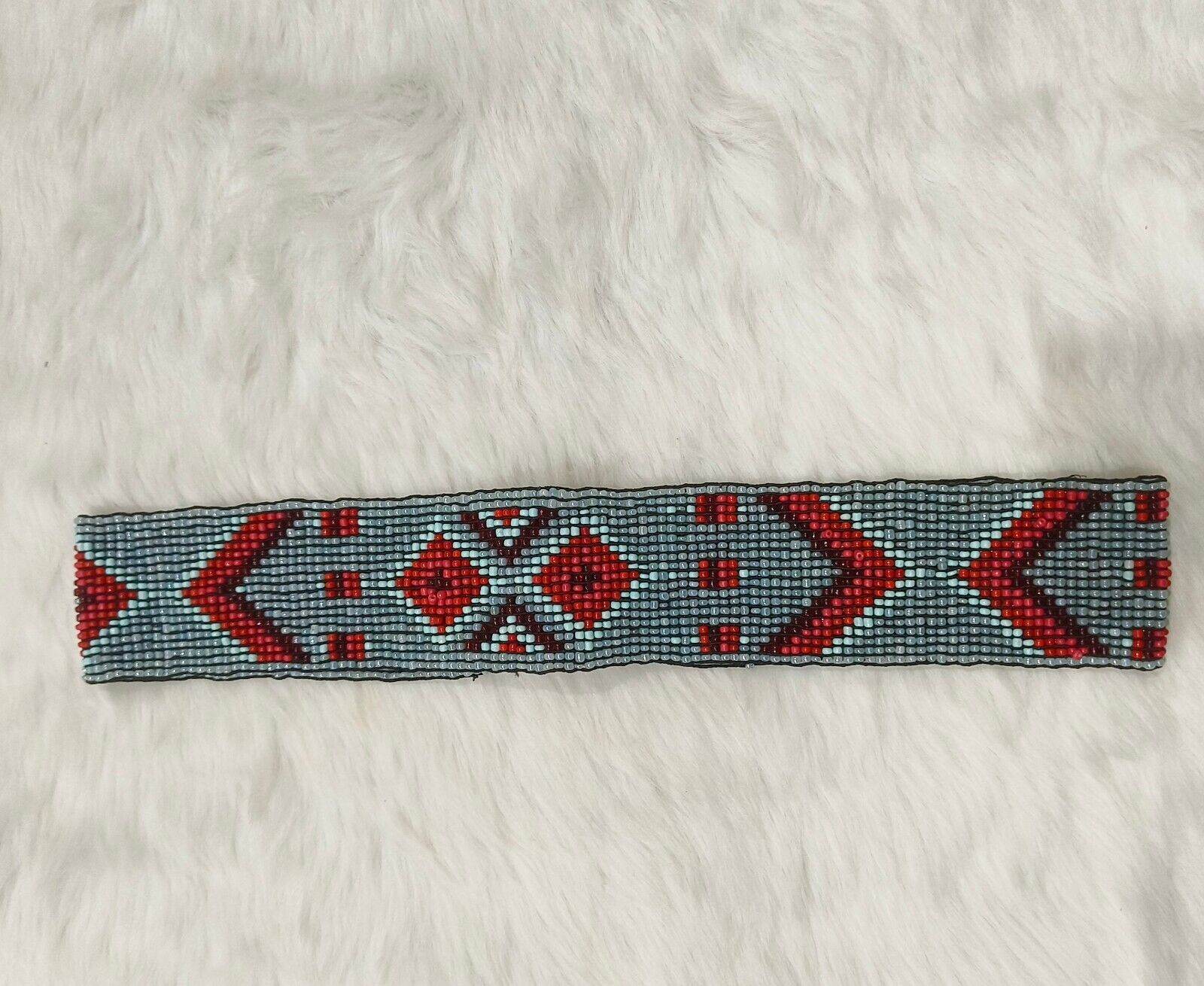 Handmade Stretchable Seed Beaded Belt with Wood Buckle Clasp - Blue and Red - Guleel