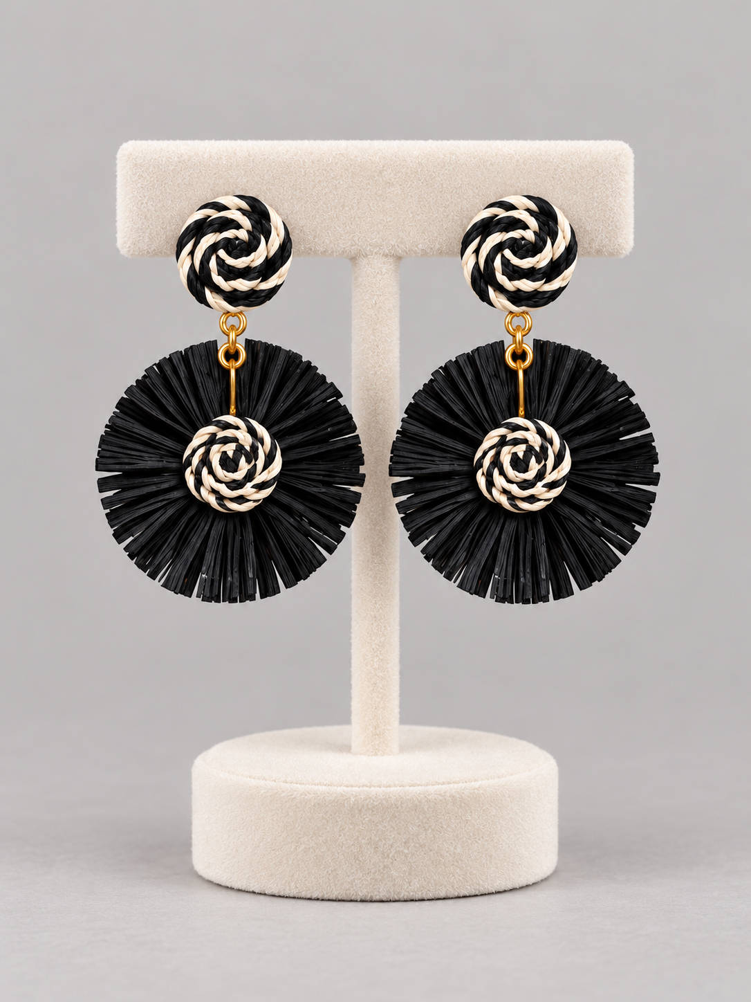 Black & Ivory Raffia Handmade Round Drop Earrings