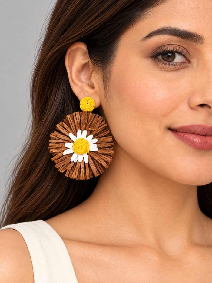 Brown Raffia-Style Daisy Statement Earrings
