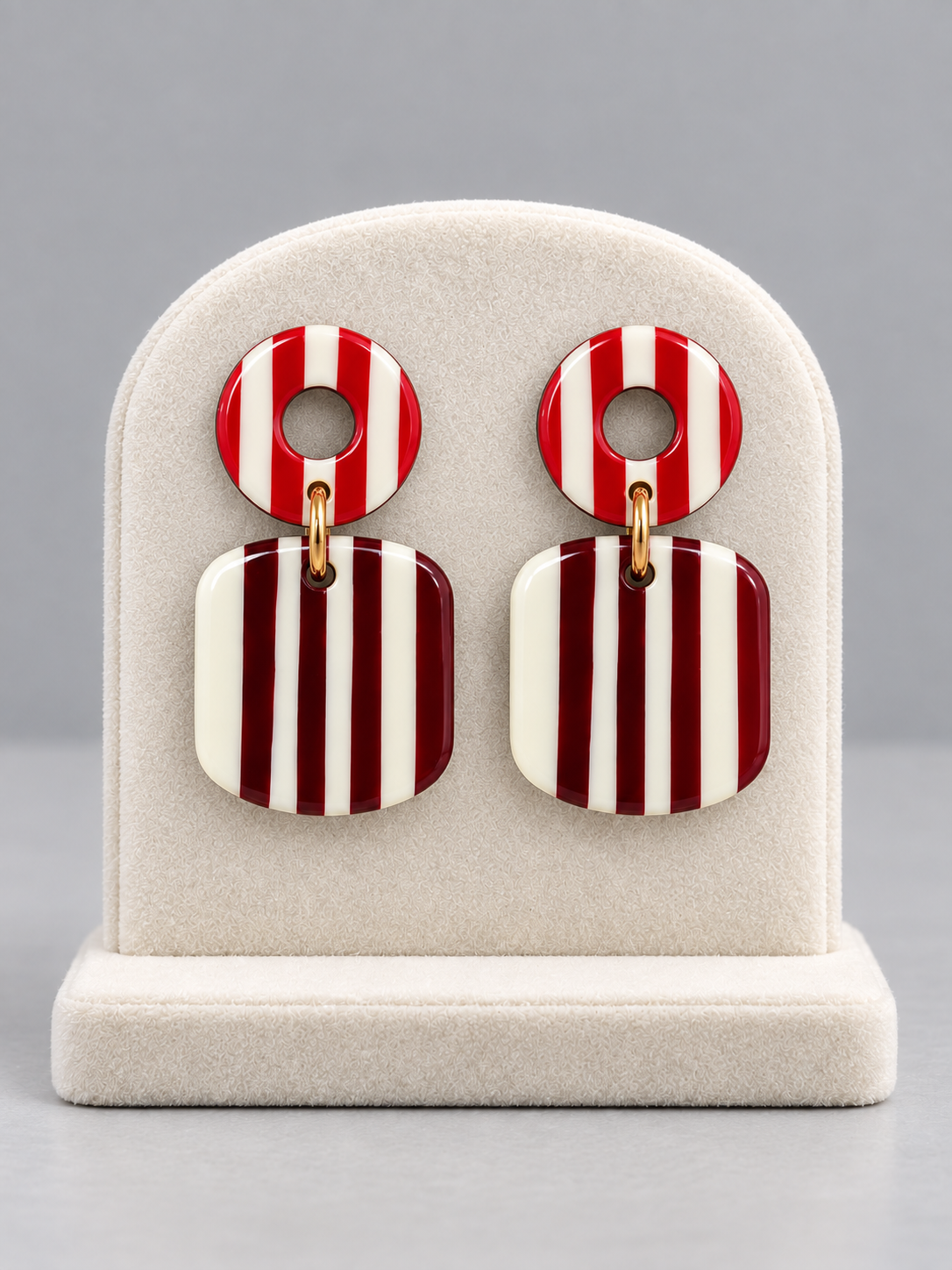 Red, Burgundy & Ivory Striped Geometric Drop Earrings