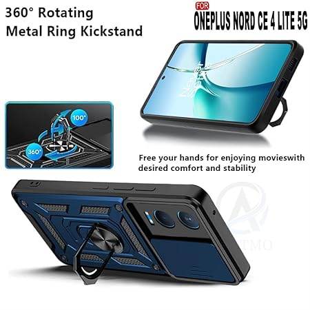 Tough Armor for OnePlus Nord CE 4 Lite 5G Back Case Cover | Ring Holder & Sliding Camera Shield Cover | 360 Degree Protection Back Case Cover for OnePlus Nord CE 4 Lite 5G Case (Blue) - Guleel