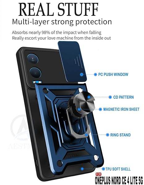 Tough Armor for OnePlus Nord CE 4 Lite 5G Back Case Cover | Ring Holder & Sliding Camera Shield Cover | 360 Degree Protection Back Case Cover for OnePlus Nord CE 4 Lite 5G Case (Blue) - Guleel