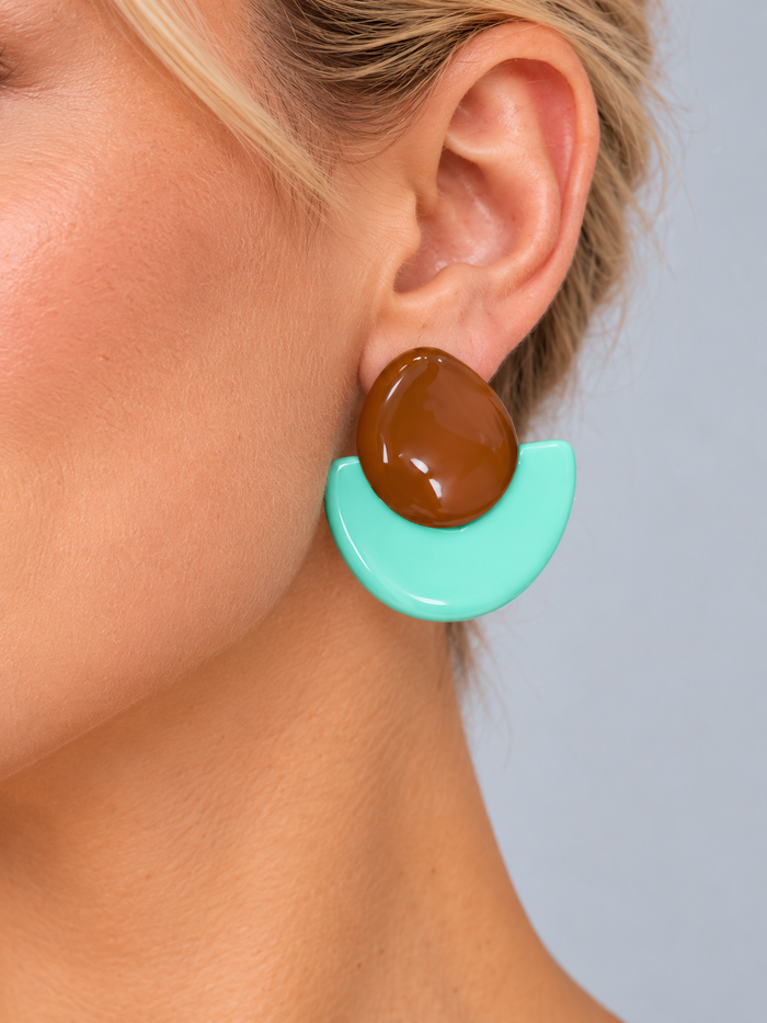 Caramel Brown & Mint Green Geometric Statement Earrings