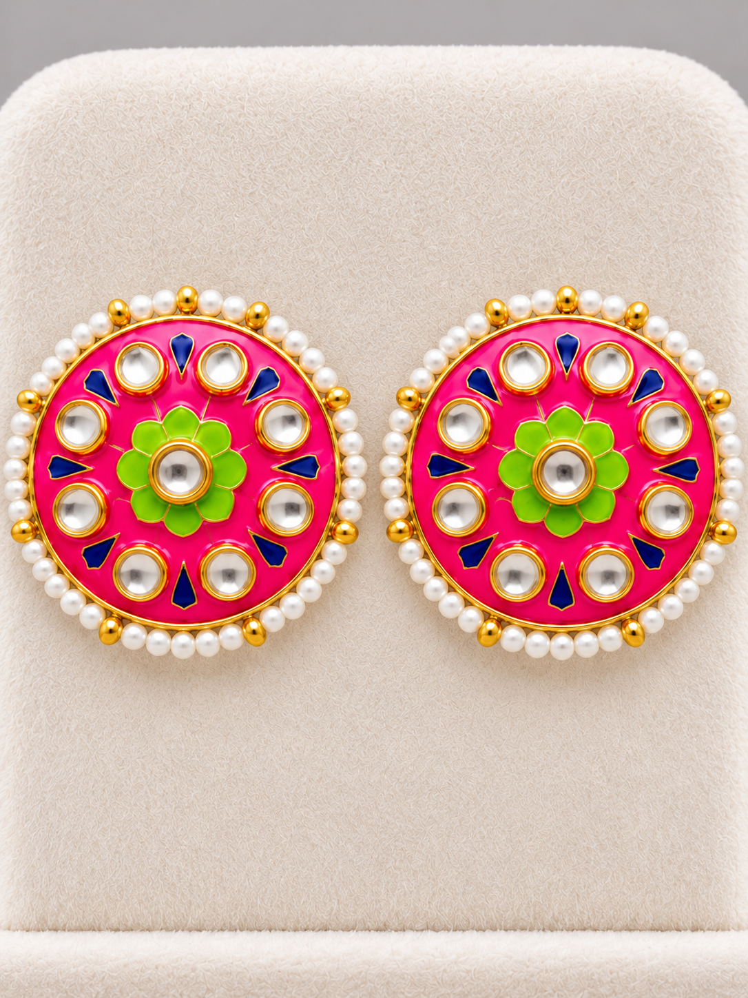 Pink Floral Kundan-Style Stud Earrings with Pearl-Look Border