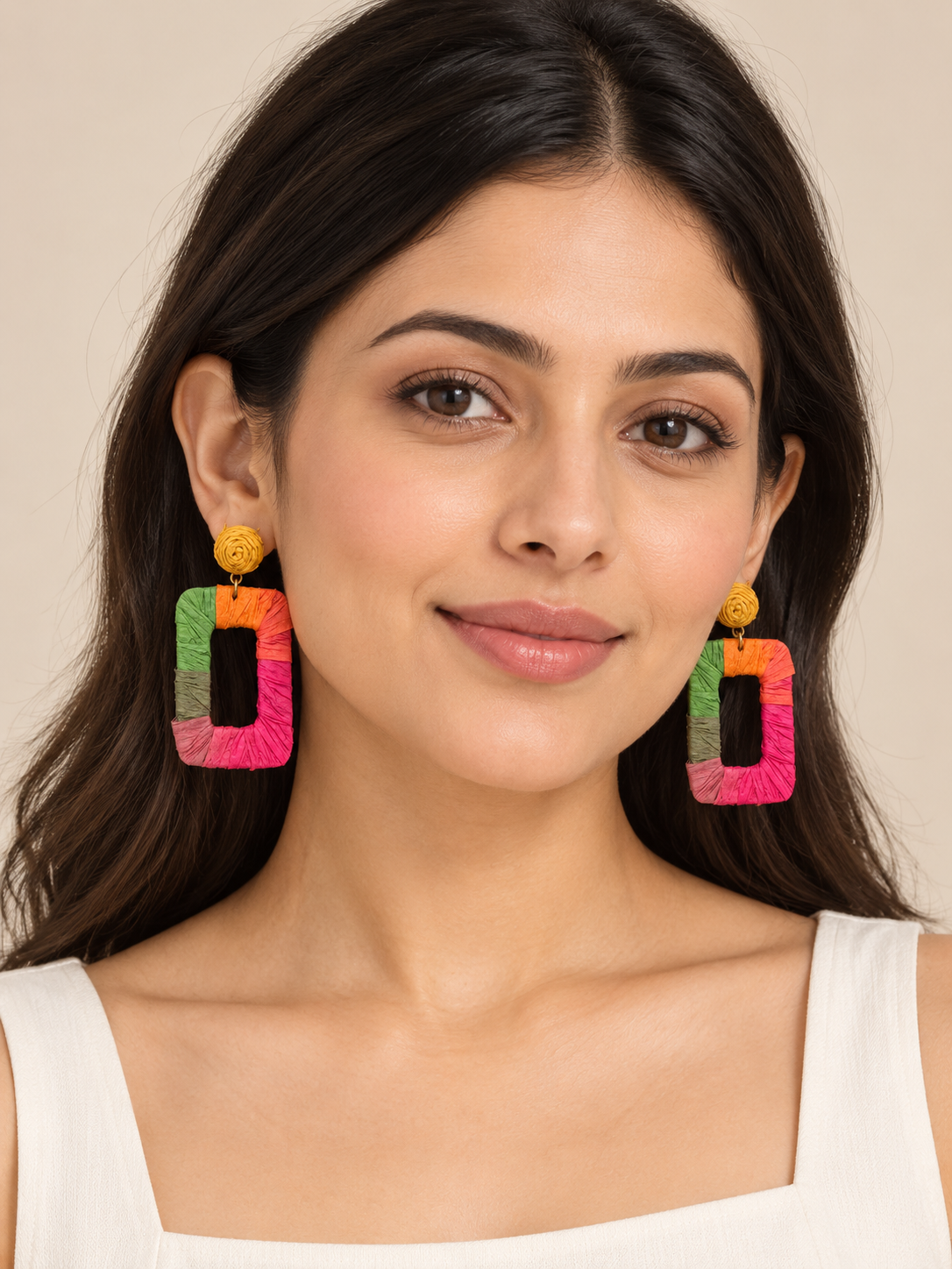 Multicolor Raffia-Style Rectangle Earrings with Mustard Spiral Tops