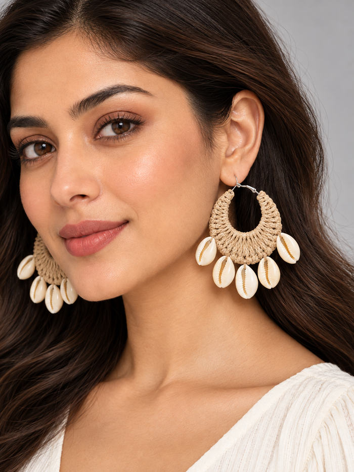 Handcrafted Cowrie Shell & Woven Boho Hoop Earrings