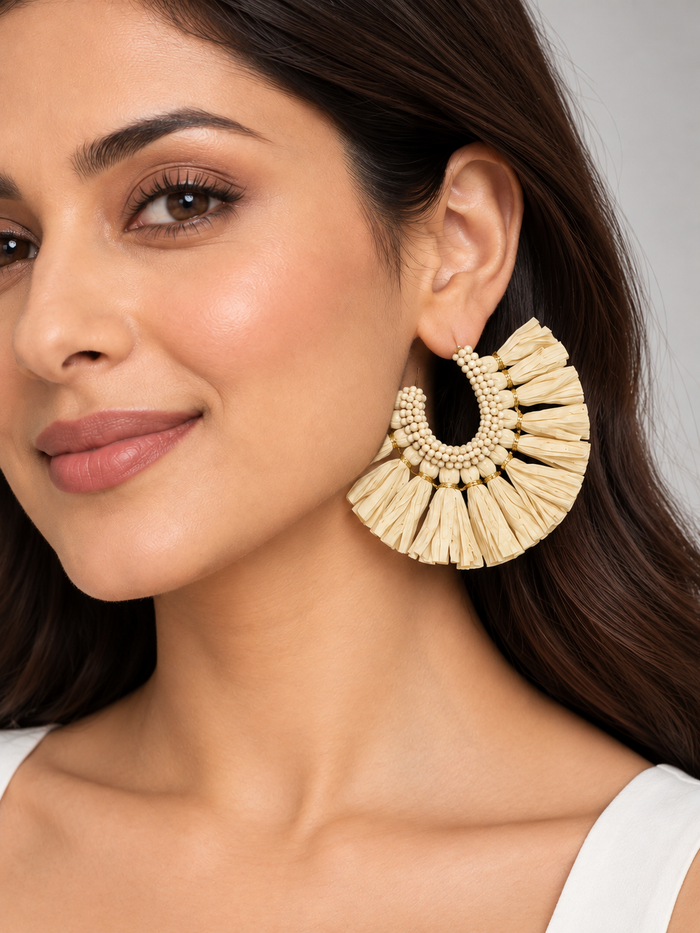 Ivory Beaded Crescent Earrings with Raffia-Style Fringe